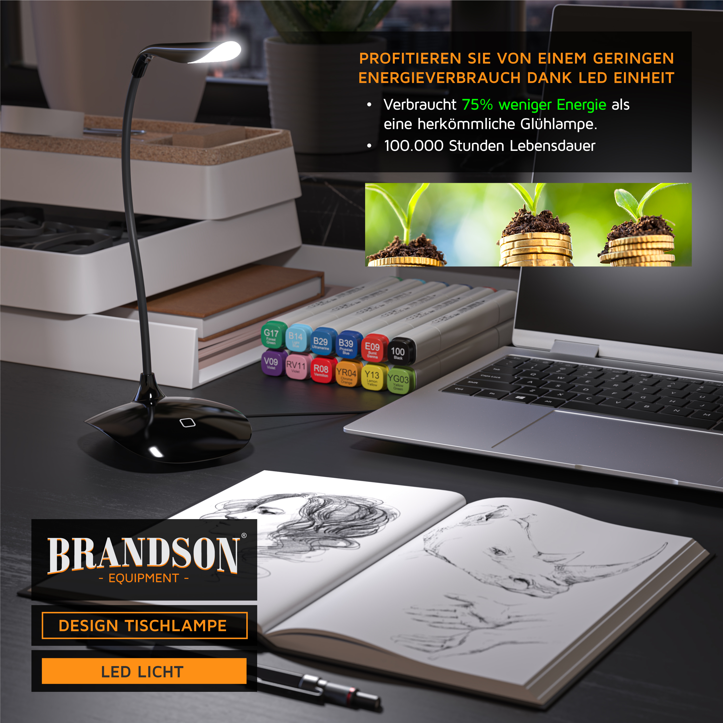 Design-Schreibtischlampe von Brandson mit flexiblem Hals, schwarzem Sockel und LED-Licht, platziert auf einem Arbeitsplatz mit Stiften und Skizzen.