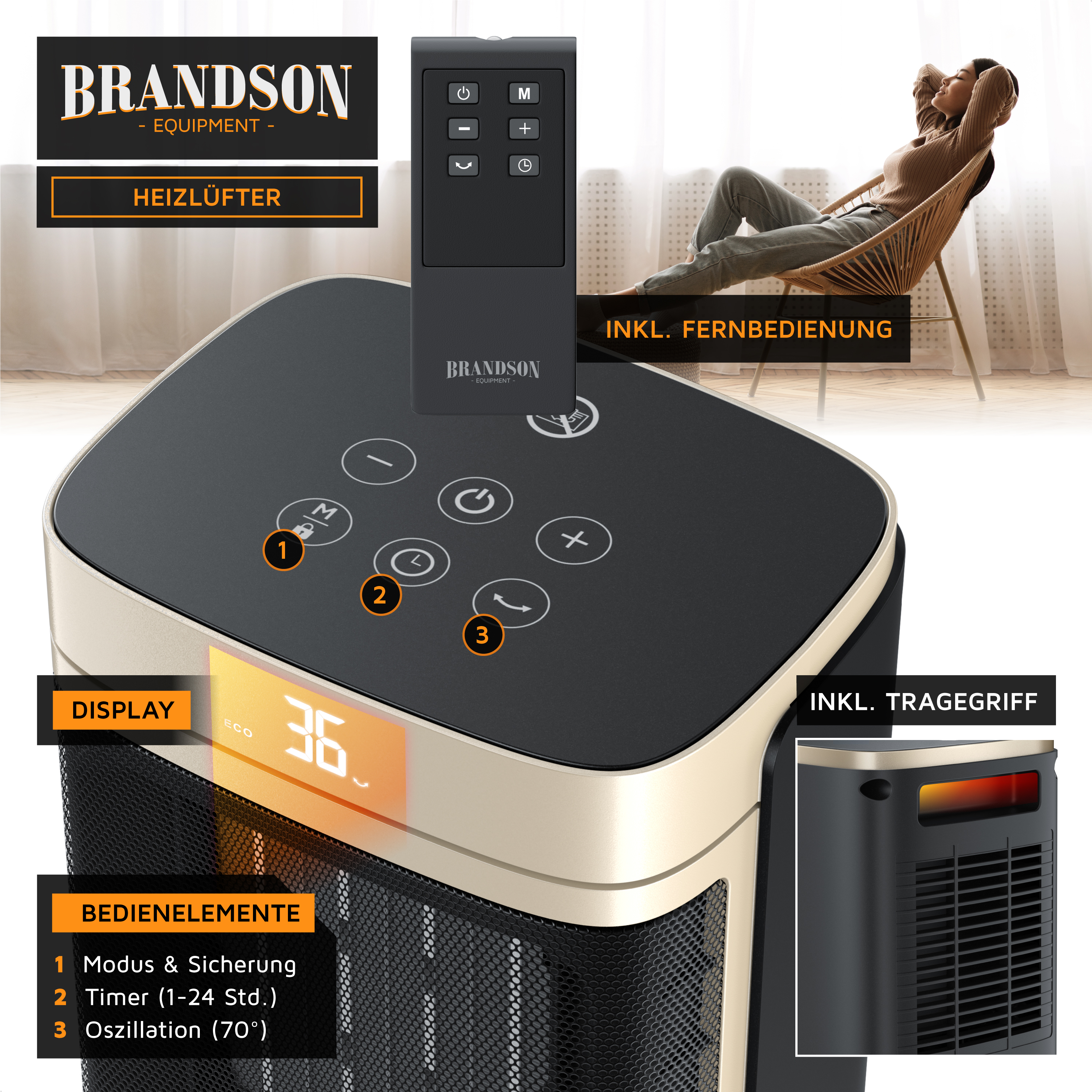 Brandson Heizlüfter mit Fernbedienung, Display und Bedienfeld, tragbar mit Griff, in modernem Design und schwarzer Farbe.