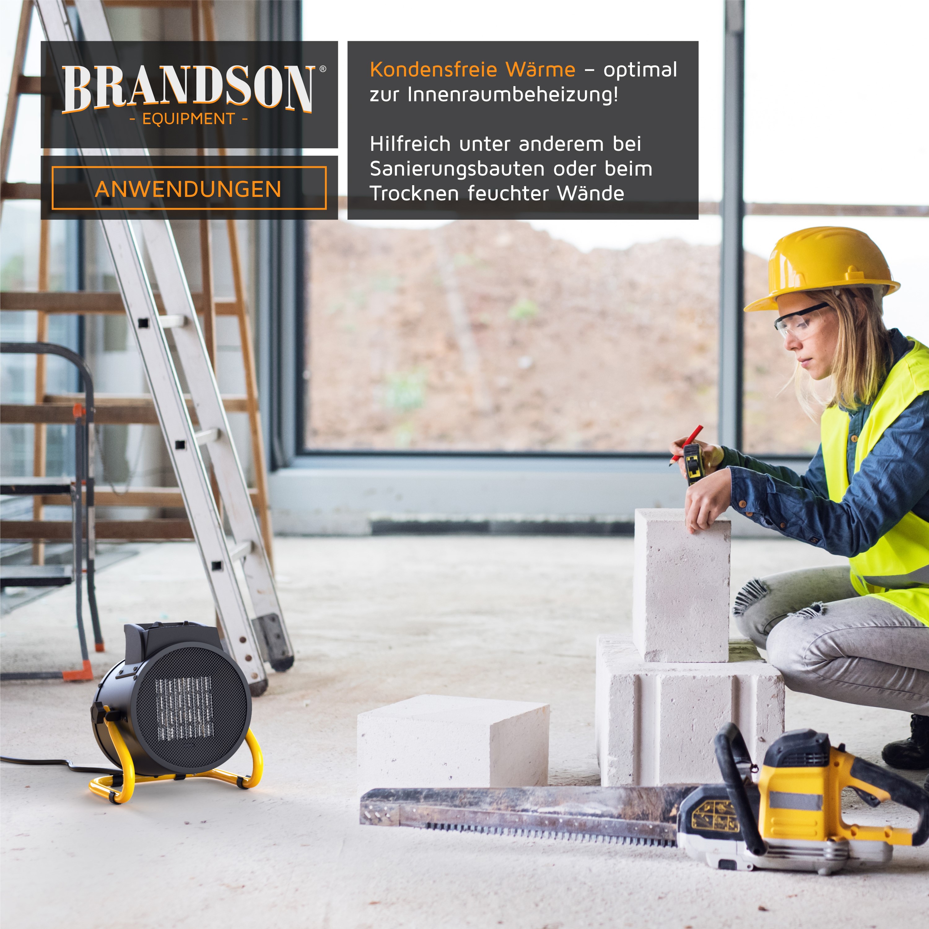 Brandson Heizlüfter in kompaktem Design mit gelben Standfüßen, ideal für die Beheizung von Innenräumen während Renovierungsarbeiten.