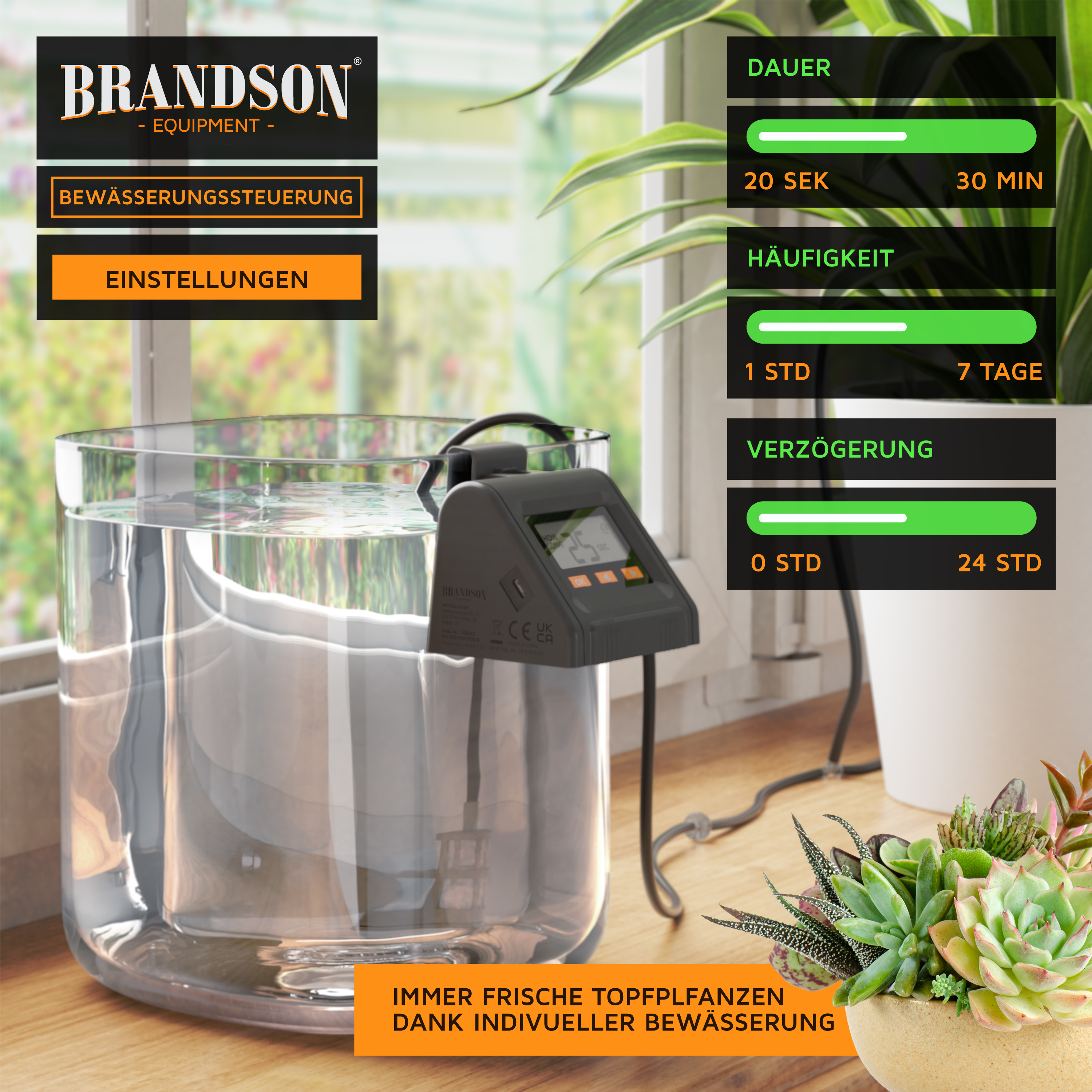 Brandson Bewässerungssteuerung mit digitalem Display und Bedienelementen, montiert an einem transparenten Wasserbehälter.