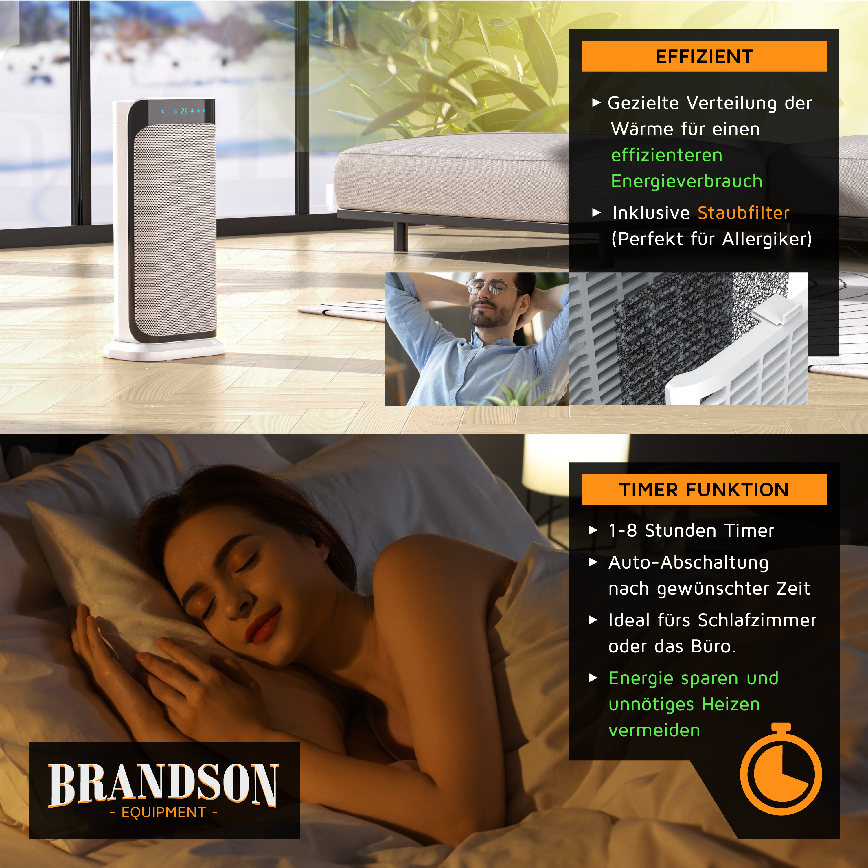 Brandson Heizlüfter im modernen Design mit digitalem Display und Bedienfeld, ideal für Schlafzimmer oder Büro, inklusive Staubfilter.