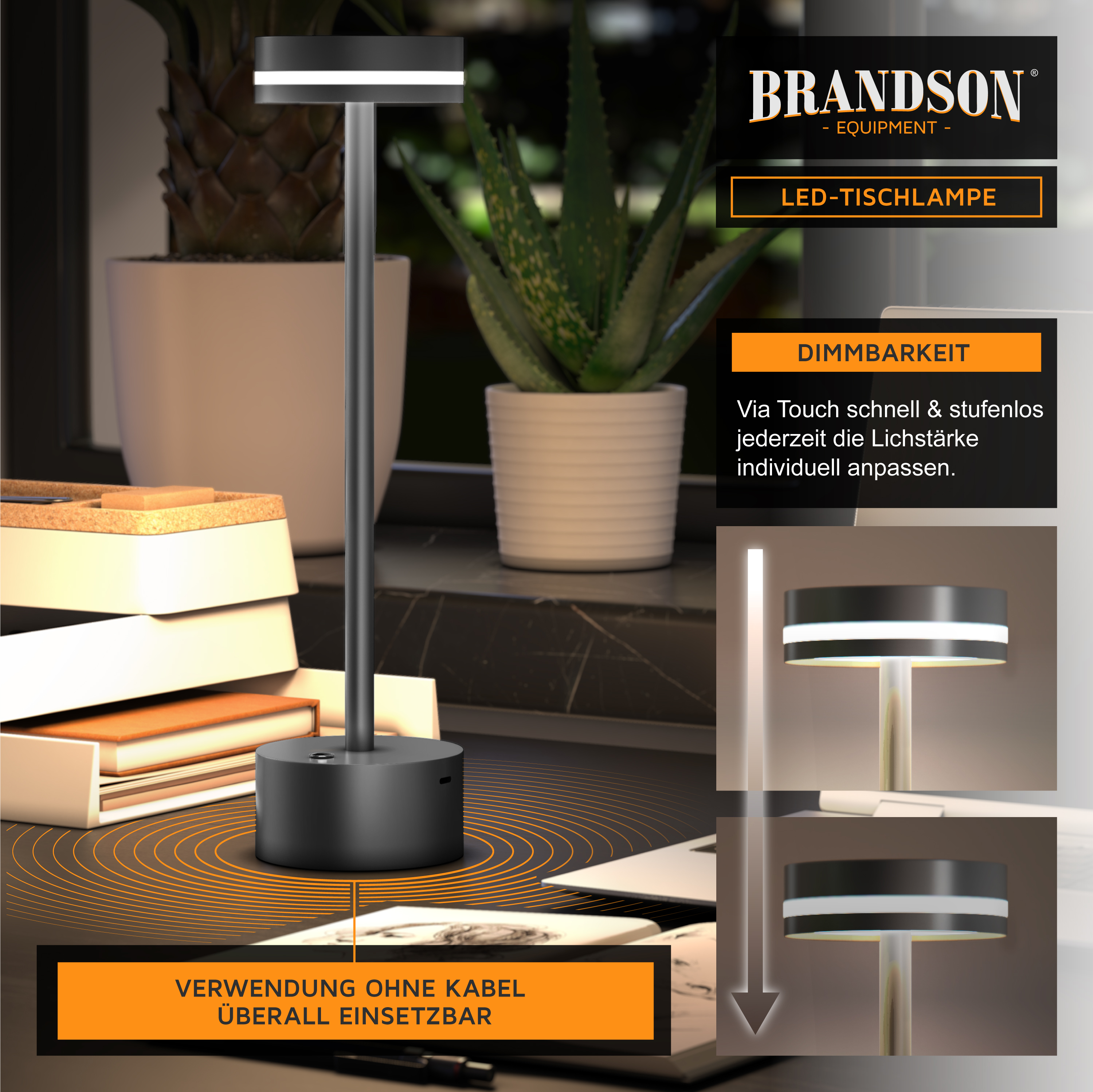 Brandson LED-Tischlampe mit elegantem schwarzem Design, Touch-Dimmfunktion und tragbarem Sockel für vielseitigen Einsatz.