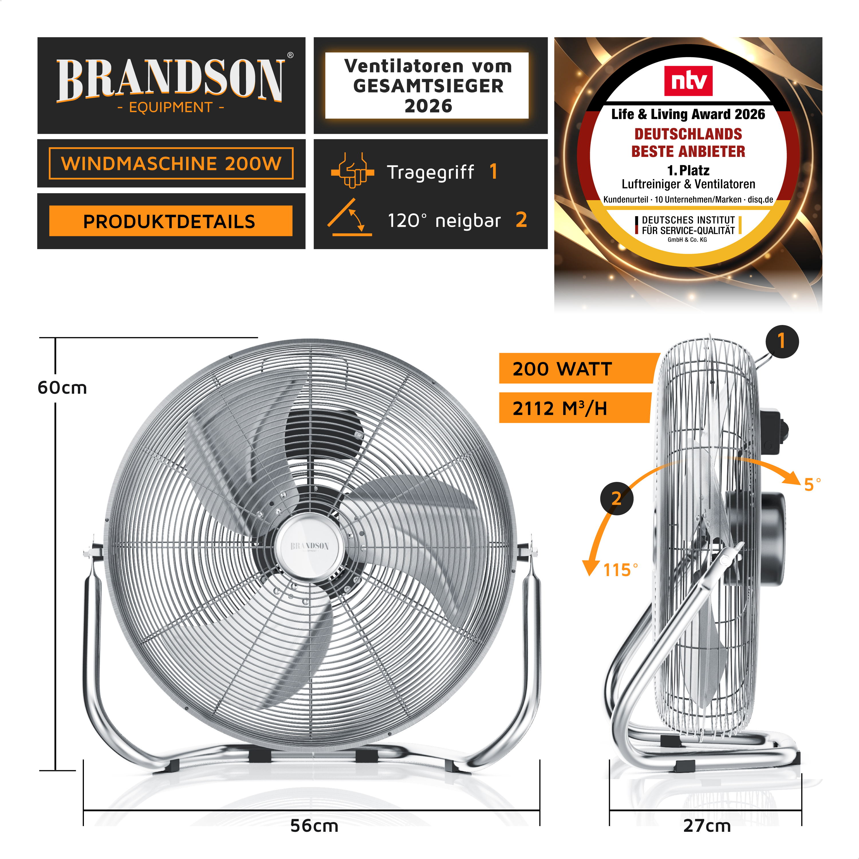 Brandson Windmaschine mit tragbarem Griff, verstellbarem Neigungswinkel und robustem Metallgehäuse in silberner Farbe.