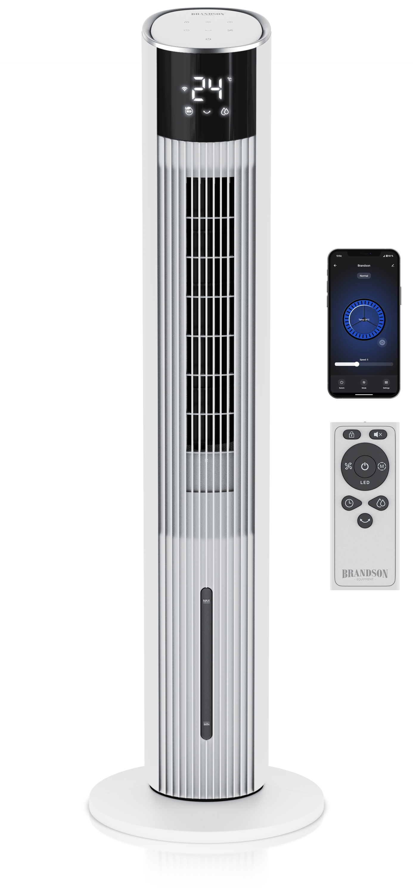 Brandson Turmventilator in Weiß mit digitalem Display, Bedienfeld und Fernbedienung, auf einem stabilen Standfuß.