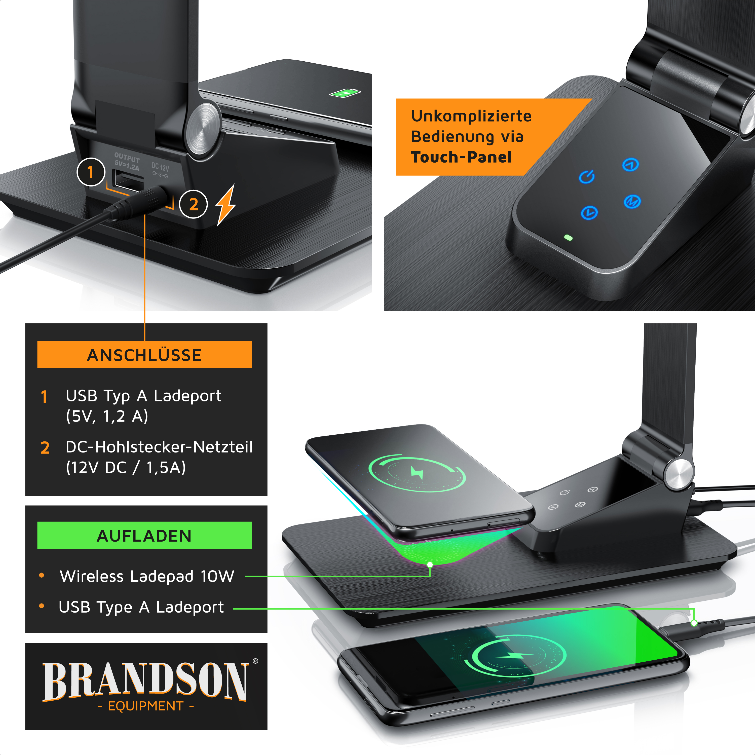 Drahtlose Ladestation von Brandson mit Touchpanel, USB-Typ-A-Anschluss und elegantem schwarzen Design für einfaches Aufladen des Geräts.