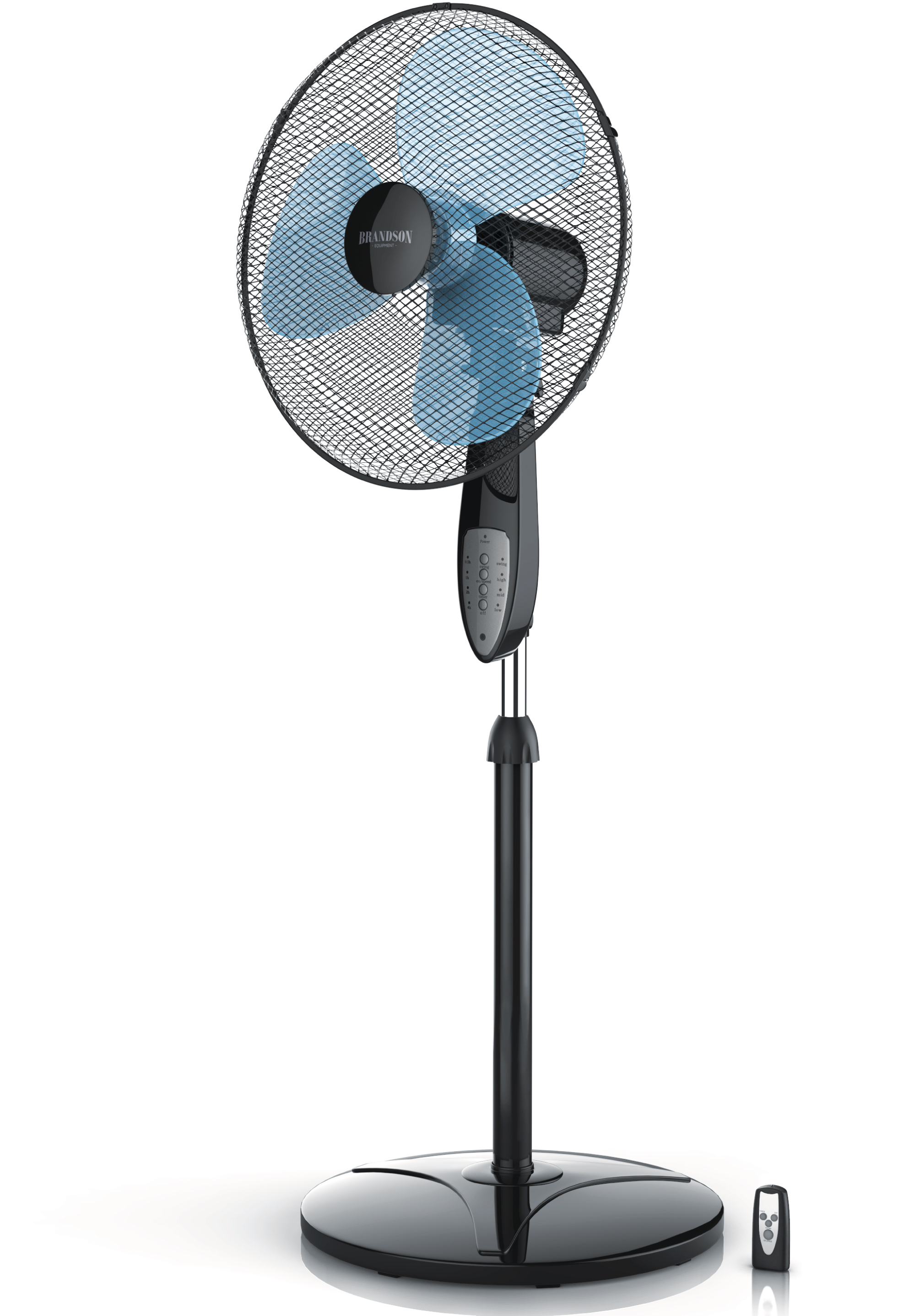 Standventilator von Brandson im eleganten schwarzen Design mit Netzgitter, blauen Flügeln, Fernbedienung und stabilem Sockel.