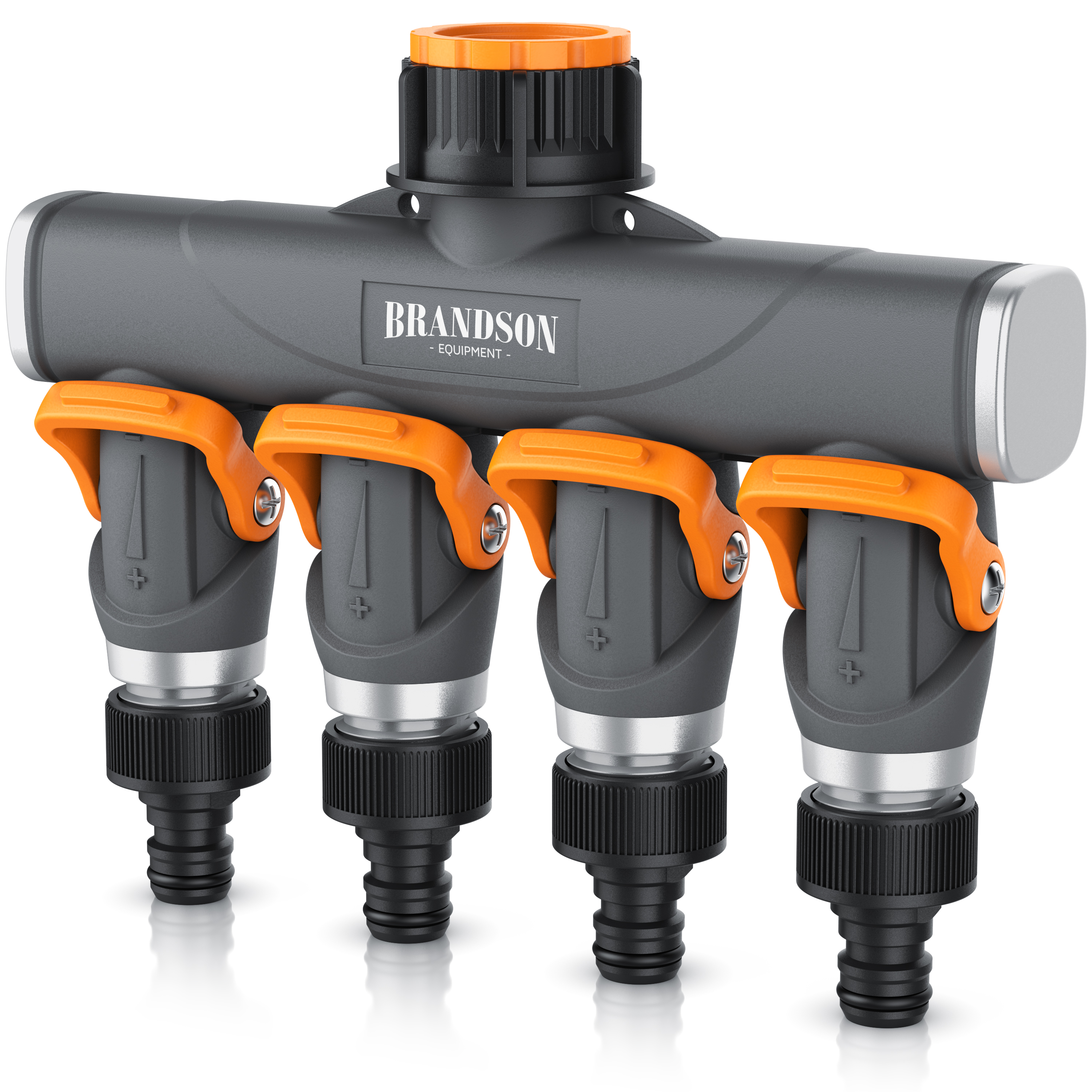 Brandson 4-fach Verteiler mit grauem Gehäuse und orangefarbenen Hebeln zur einfachen Bedienung, geeignet für Gartenbewässerung.