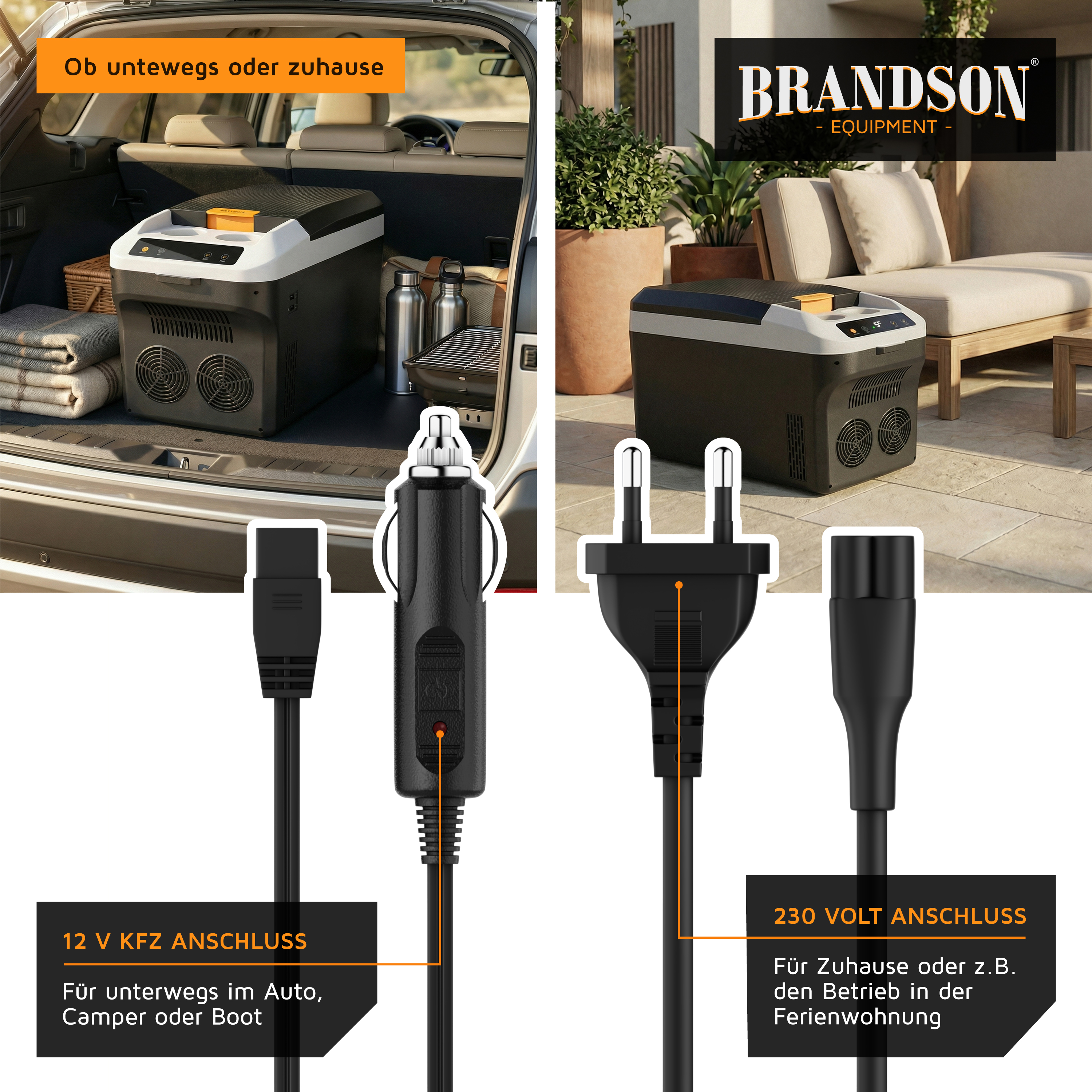 Brandson elektrische Kühlbox mit 12 V KFZ-Anschluss und 230 Volt Anschluss, ideal für Auto, Camper oder Zuhause.