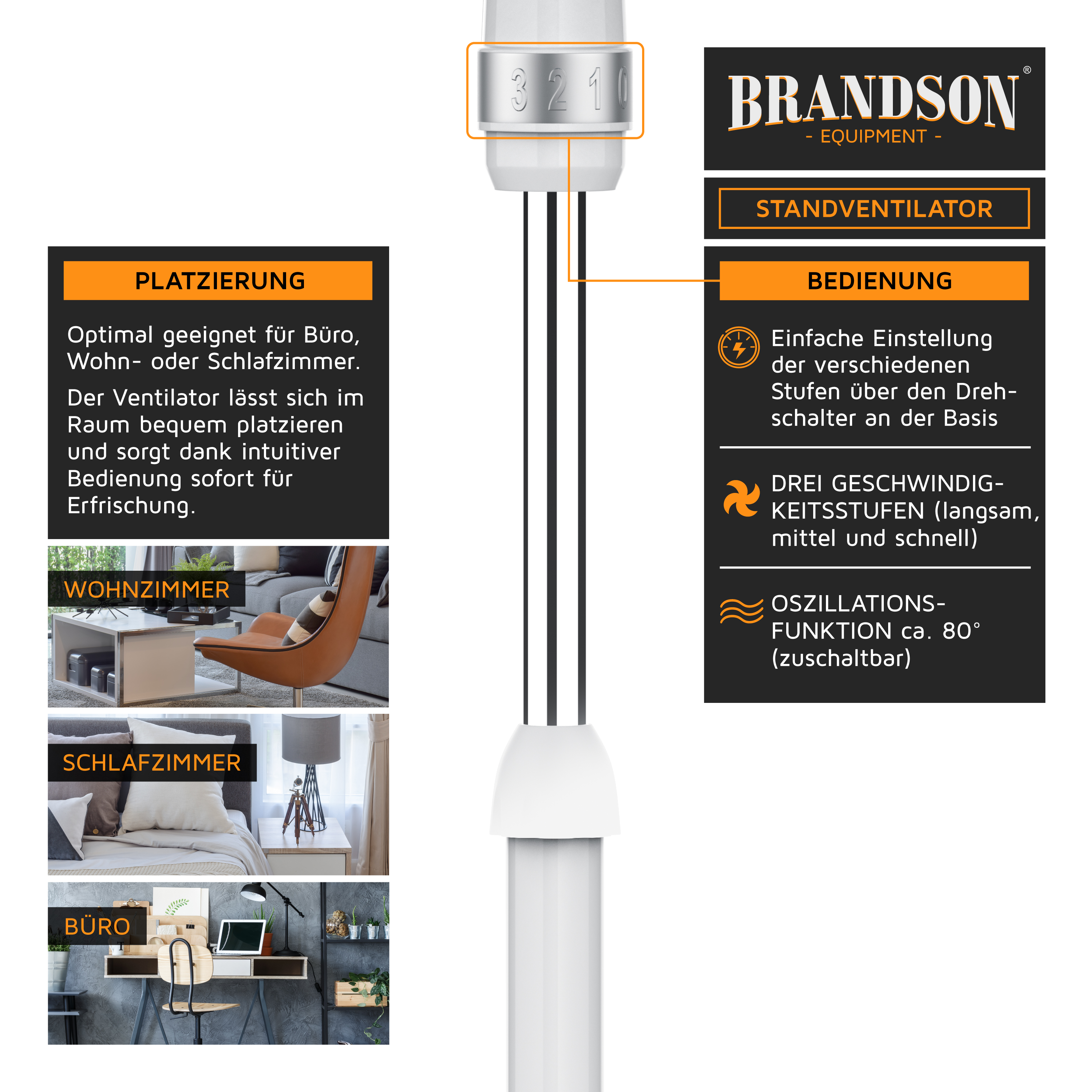 Standventilator von Brandson mit elegantem Design, weißer Farbe und einstellbarer Höhe sowie einem einfachen Drehregler für die Geschwindigkeitseinstellungen.