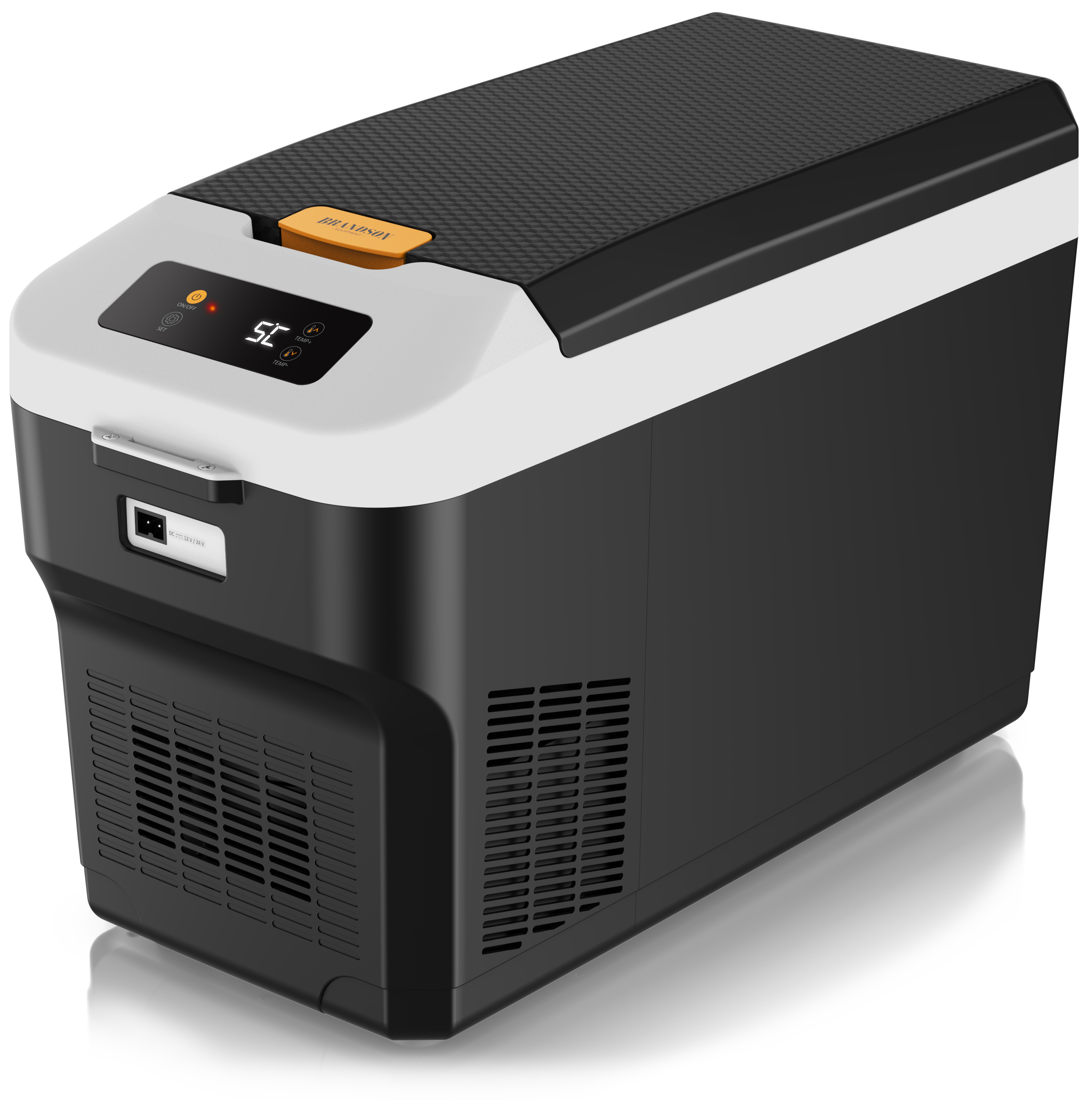Brandson elektrische Kühlbox in Schwarz und Weiß mit digitalem Display, Bedienfeld und robustem Griff für einfache Handhabung.