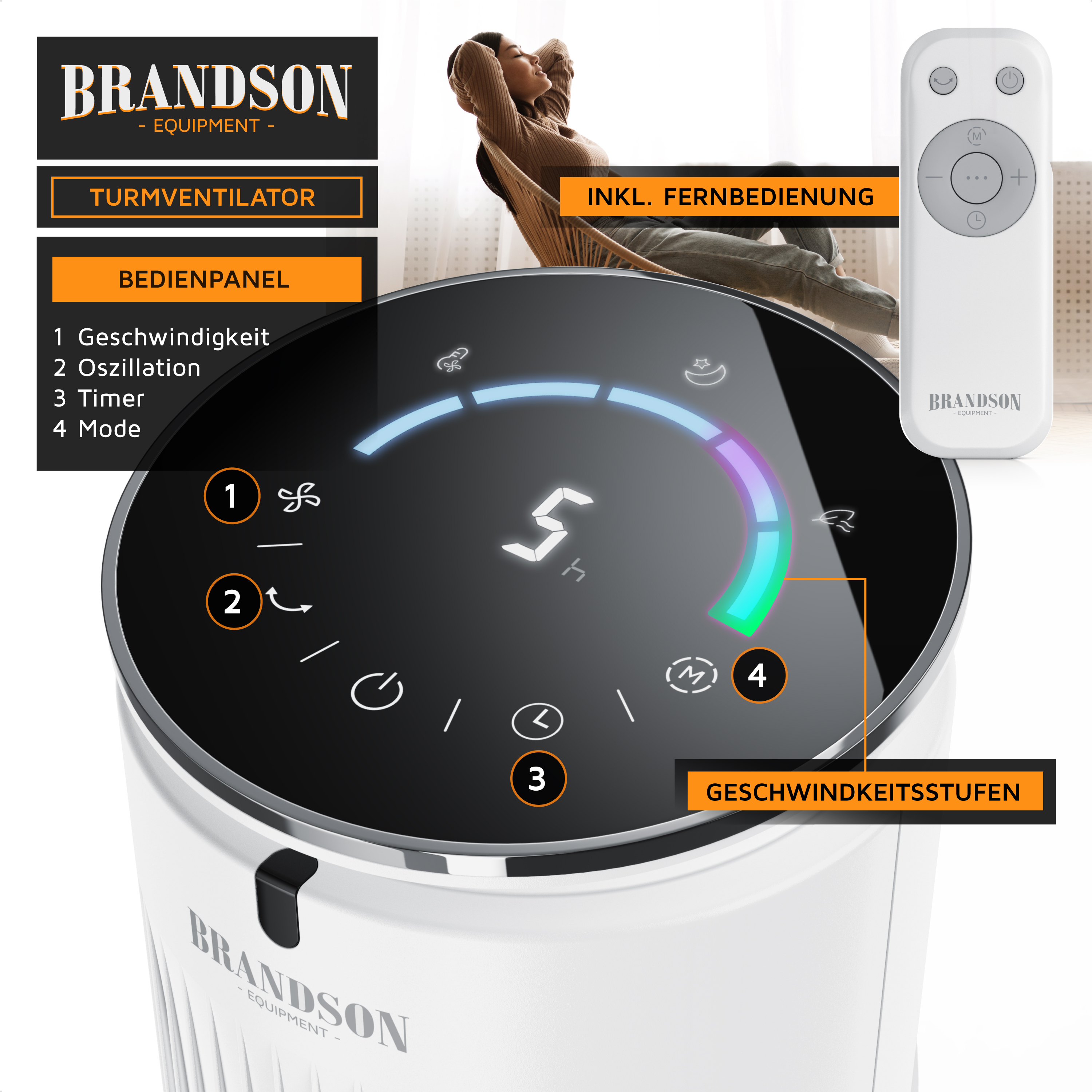 Brandson Turmventilator mit schwarzem Bedienfeld, digitalen Anzeigen, Fernbedienung und eleganter, weißer Bauform.
