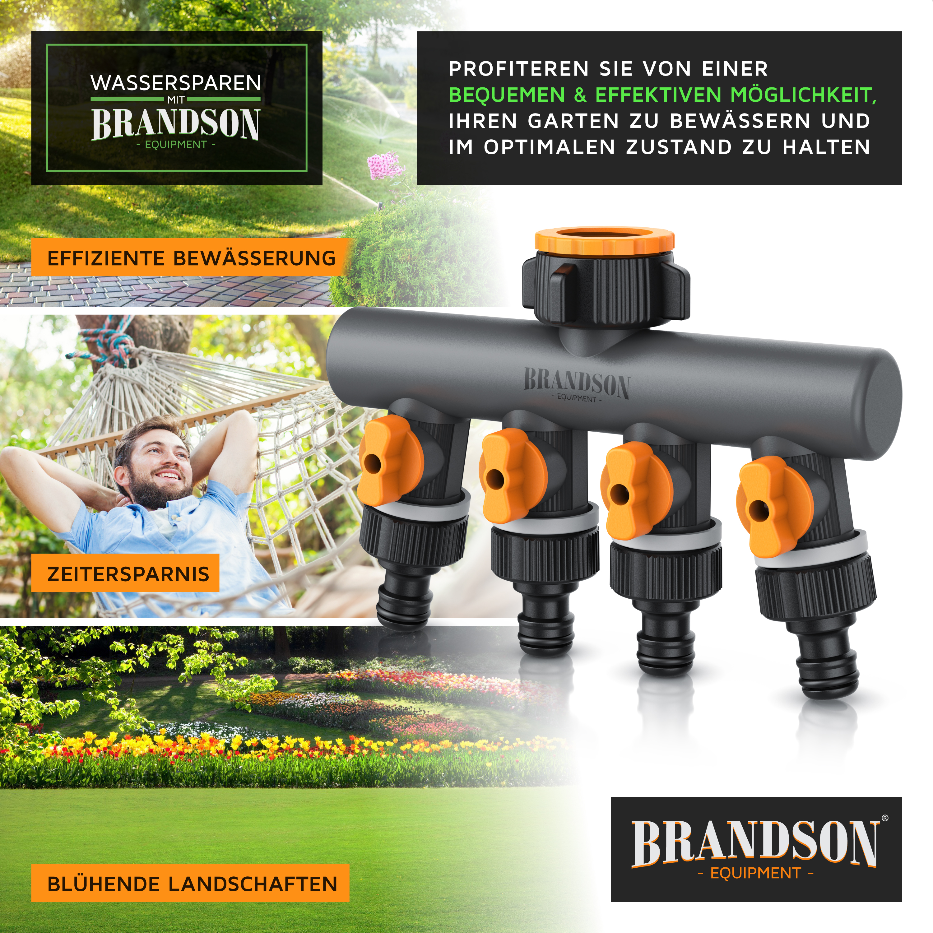 Brandson Bewässerungssystem mit grauem Kunststoffkörper und orangefarbenen Reglern für effiziente Gartenbewässerung.