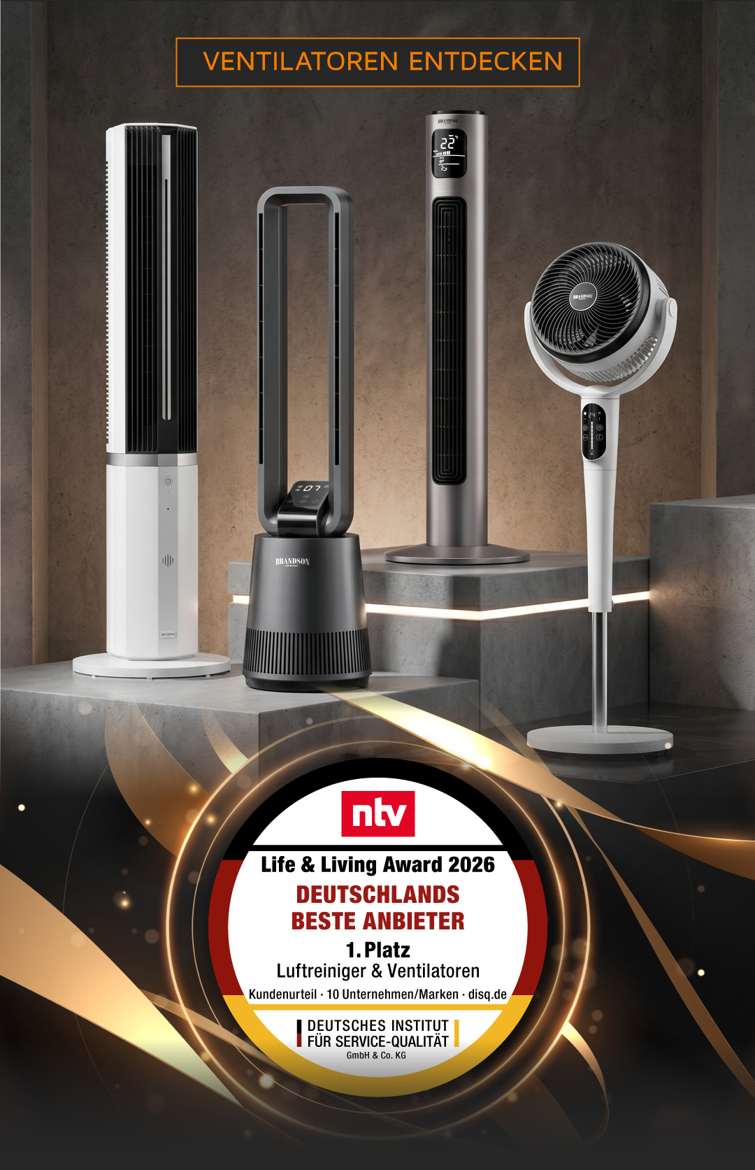 Brandson Turmventilatoren in verschiedenen Designs, darunter ein schlanker, schwarzer und ein eleganter, weißer Ventilator mit Display.