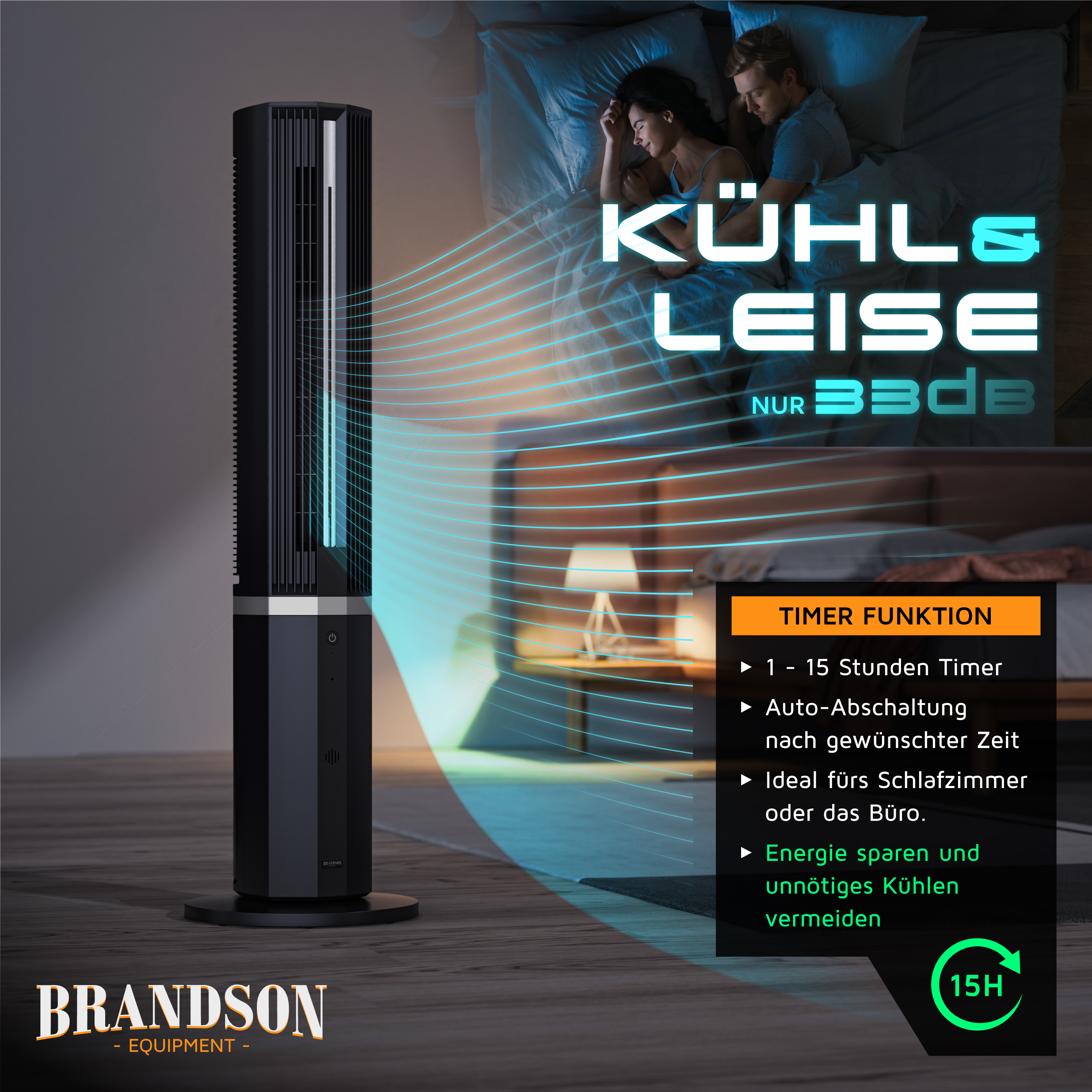 Brandson Turmventilator in Schwarz mit elegantem Design, Timerfunktion und einem leisen Betrieb von 33 dB, ideal für Schlafzimmer.