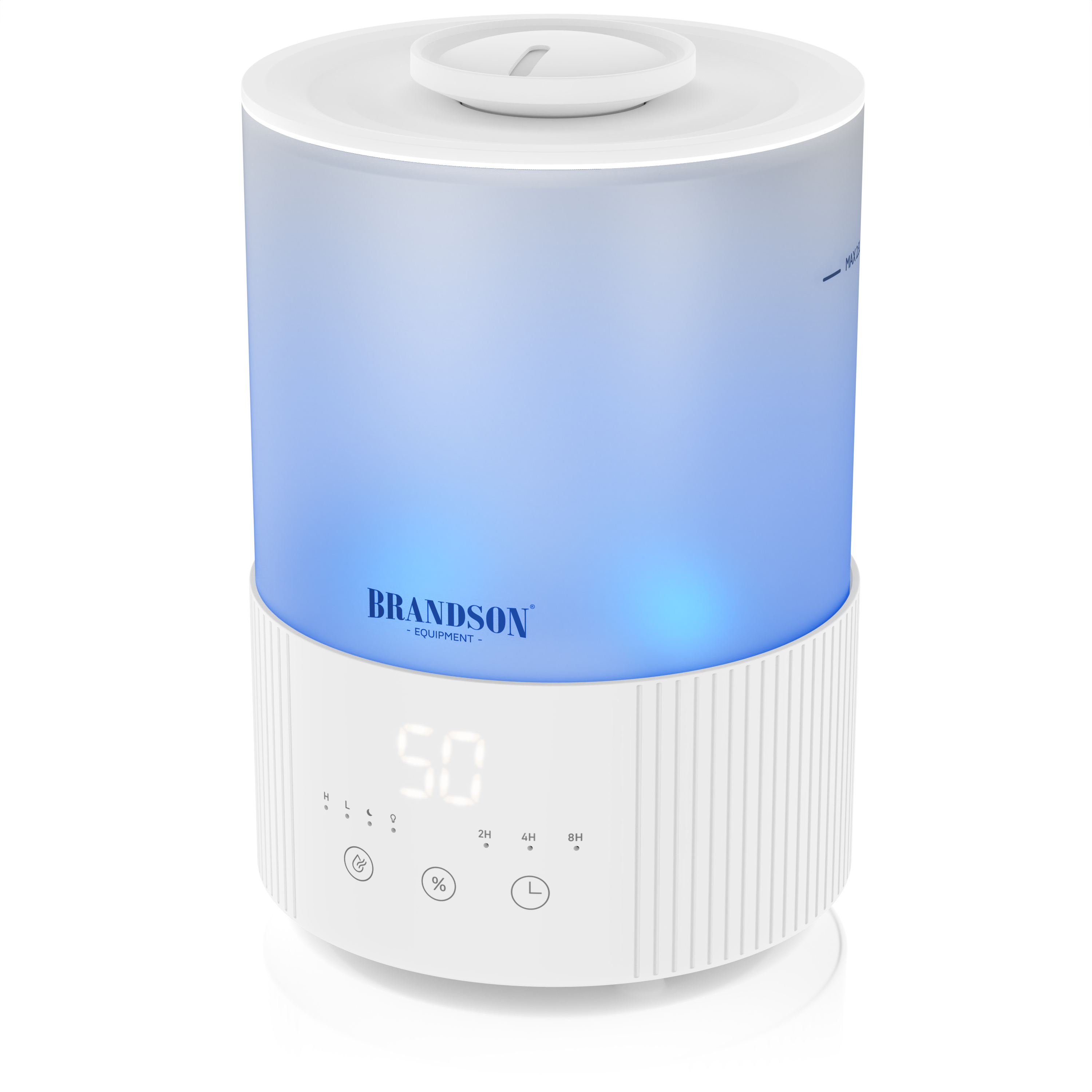 Brandson Luftbefeuchter mit transparentem, blau beleuchtetem Wassertank und weißem Bedienfeld mit digitalem Display.