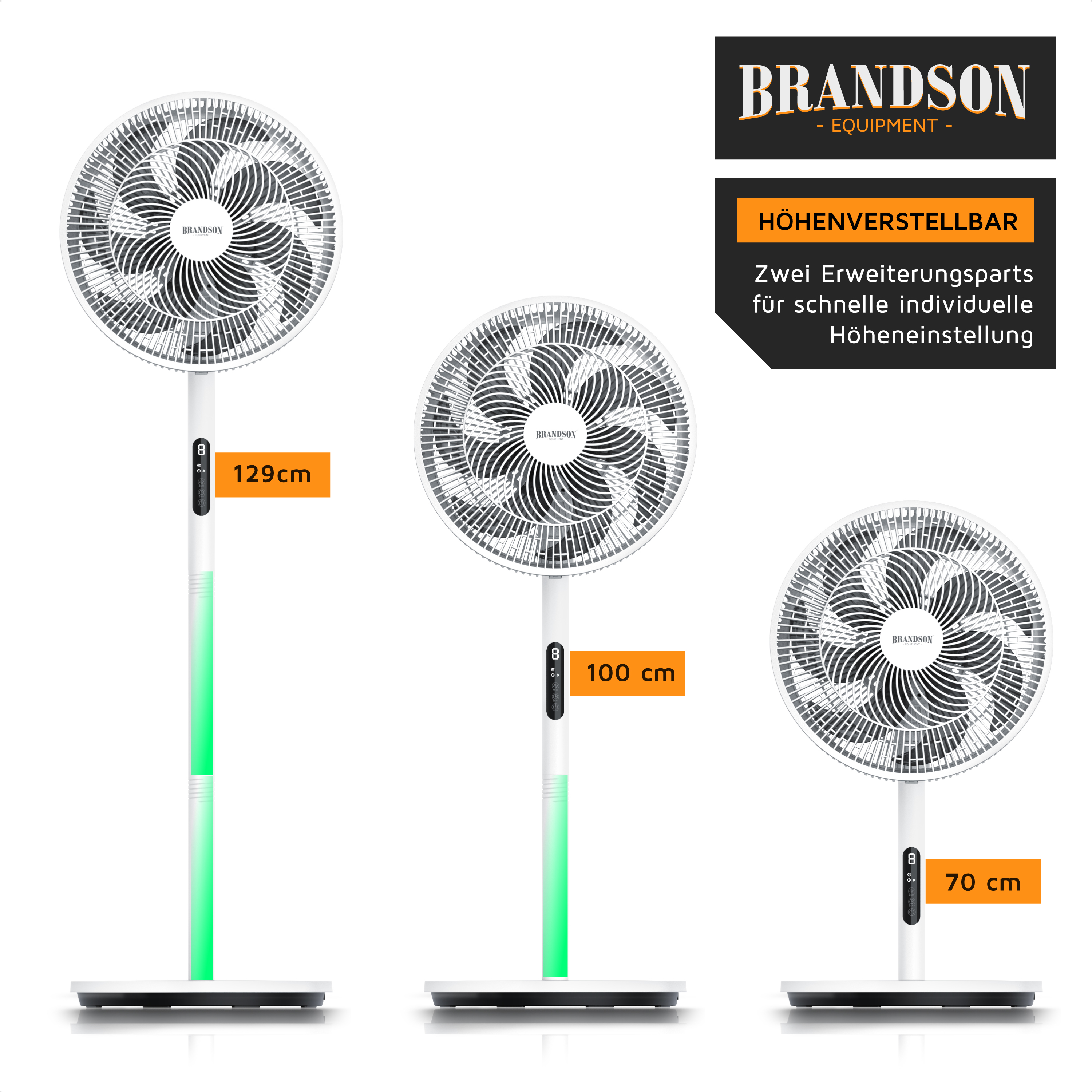 Brandson Standventilator mit höhenverstellbarem, weißem Gehäuse und grünem LED-Licht, ausgestattet mit Bedienfeld und Fernbedienung.