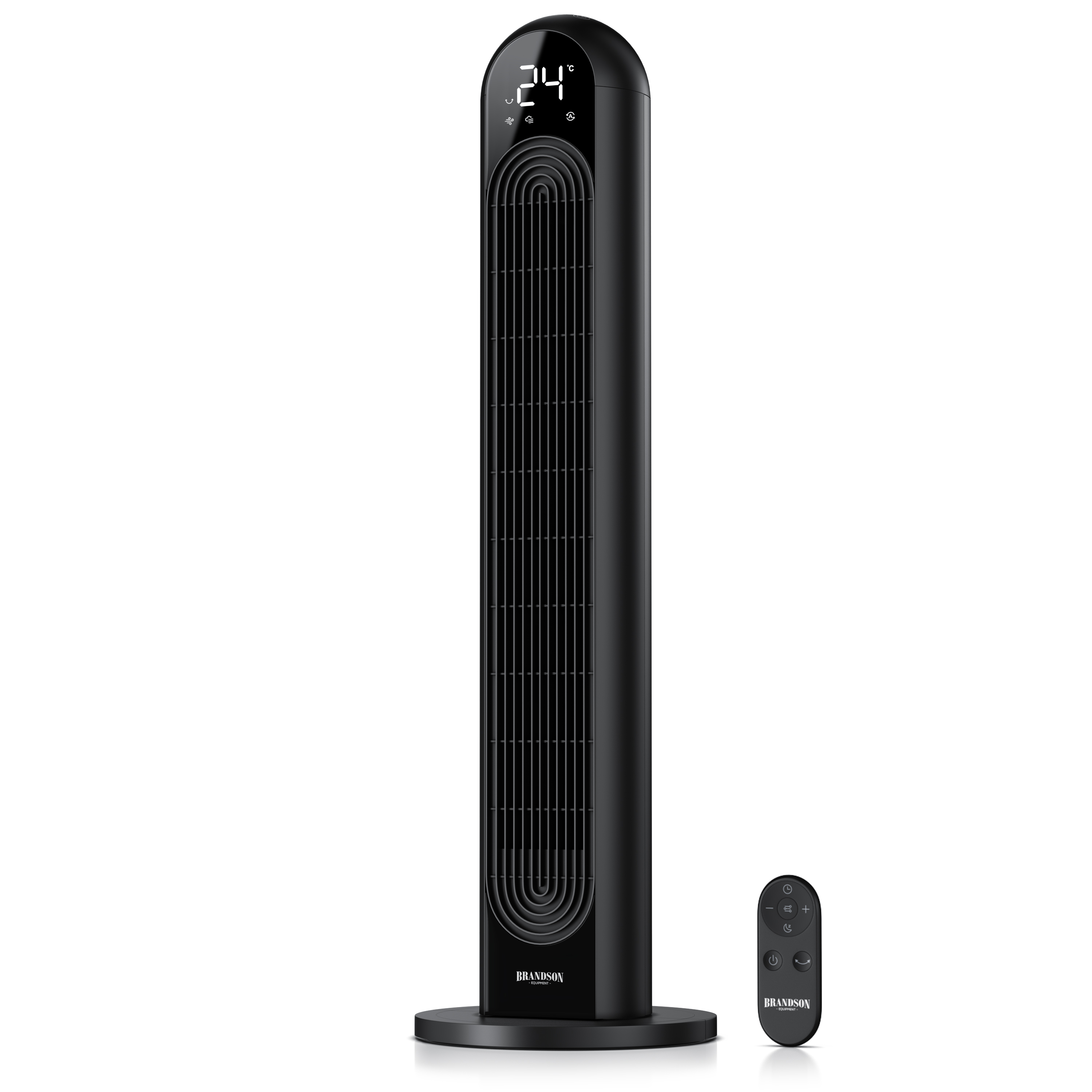 Brandson Turmventilator in Schwarz mit digitalem Display und Fernbedienung, schlankes Design und stabiler Standfuß.