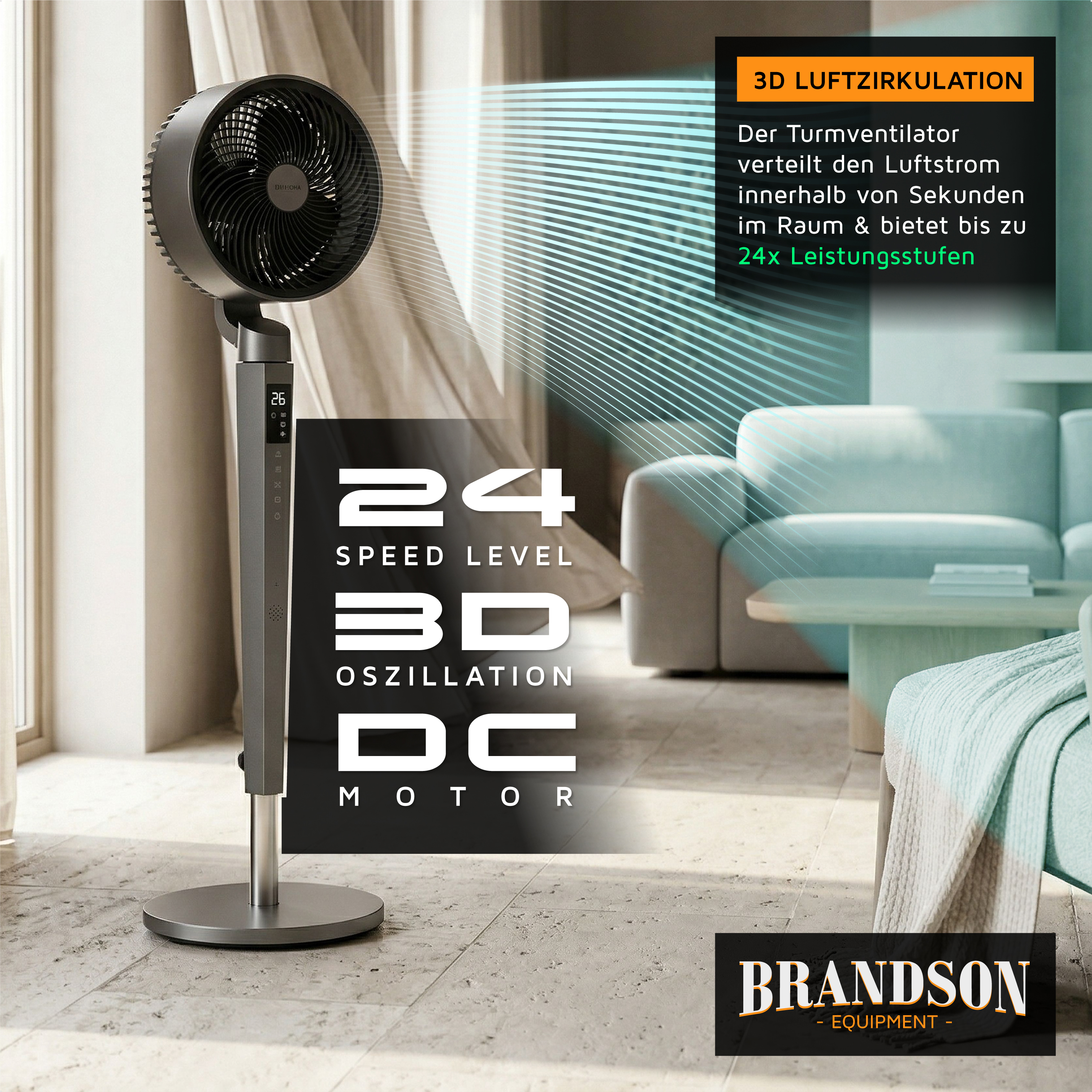 Brandson Turmventilator im modernen Design mit schwarzem Kopf und silbernem Standfuß, ausgestattet mit einem digitalen Bedienfeld und Fernbedienung.