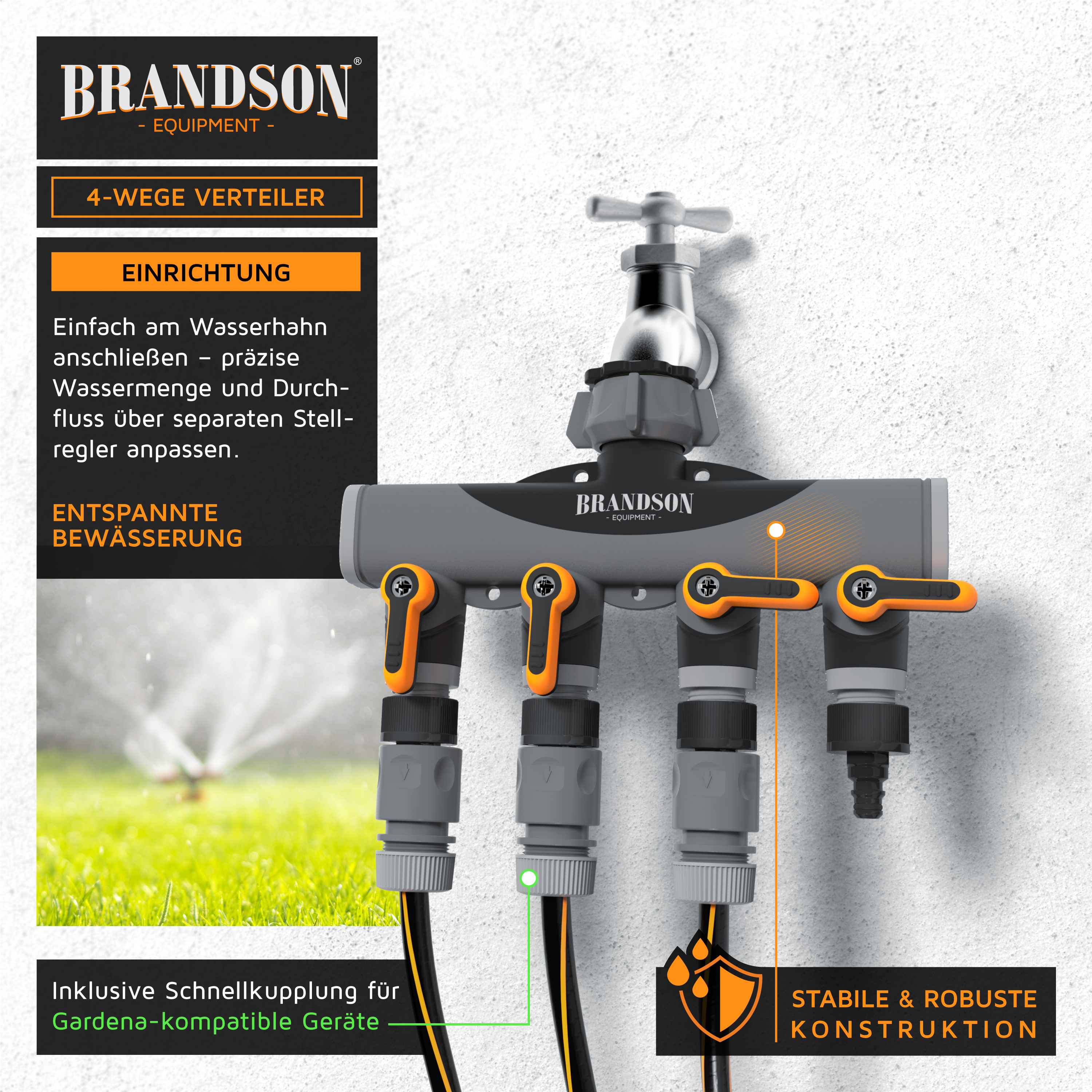 Brandson 4-Wege-Verteiler mit separater Durchflussregelung, graue Farbe, mit orangefarbenen Knöpfen für präzise Wassereinstellung.