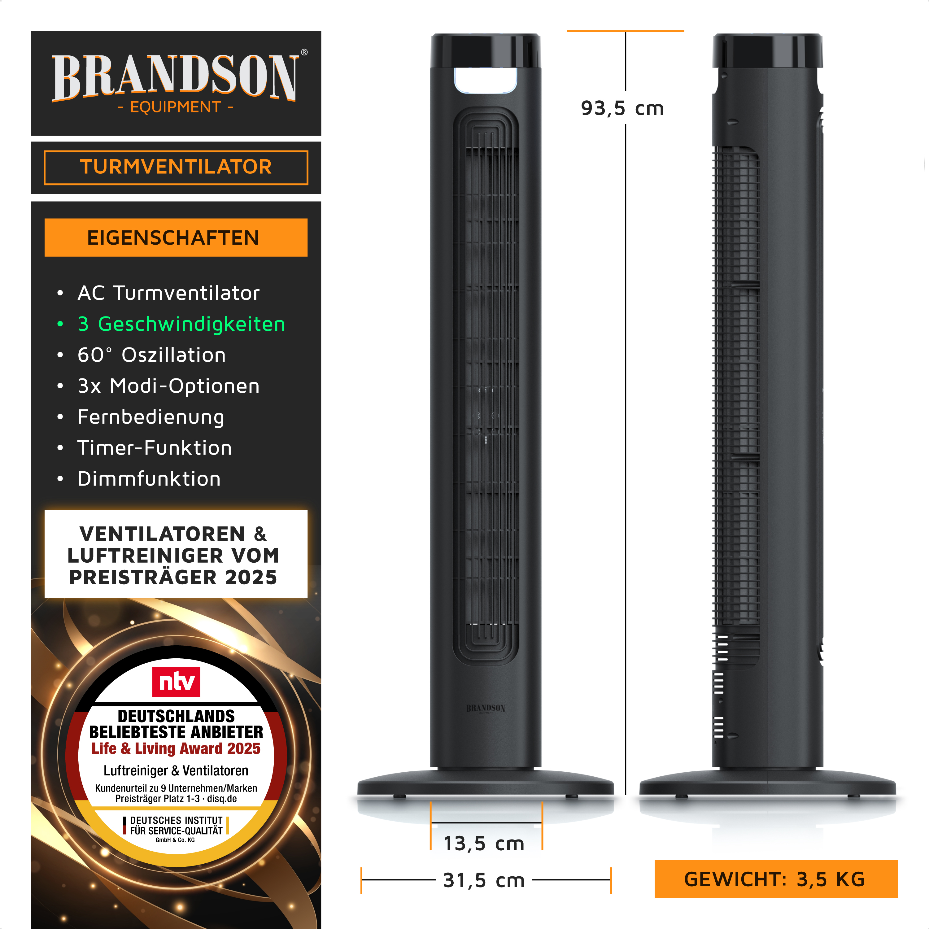 Brandson Turmventilator in Schwarz mit schlanker Bauform, Fernbedienung und Timer-Funktion, ideal für die Nutzung im Wohnraum.
