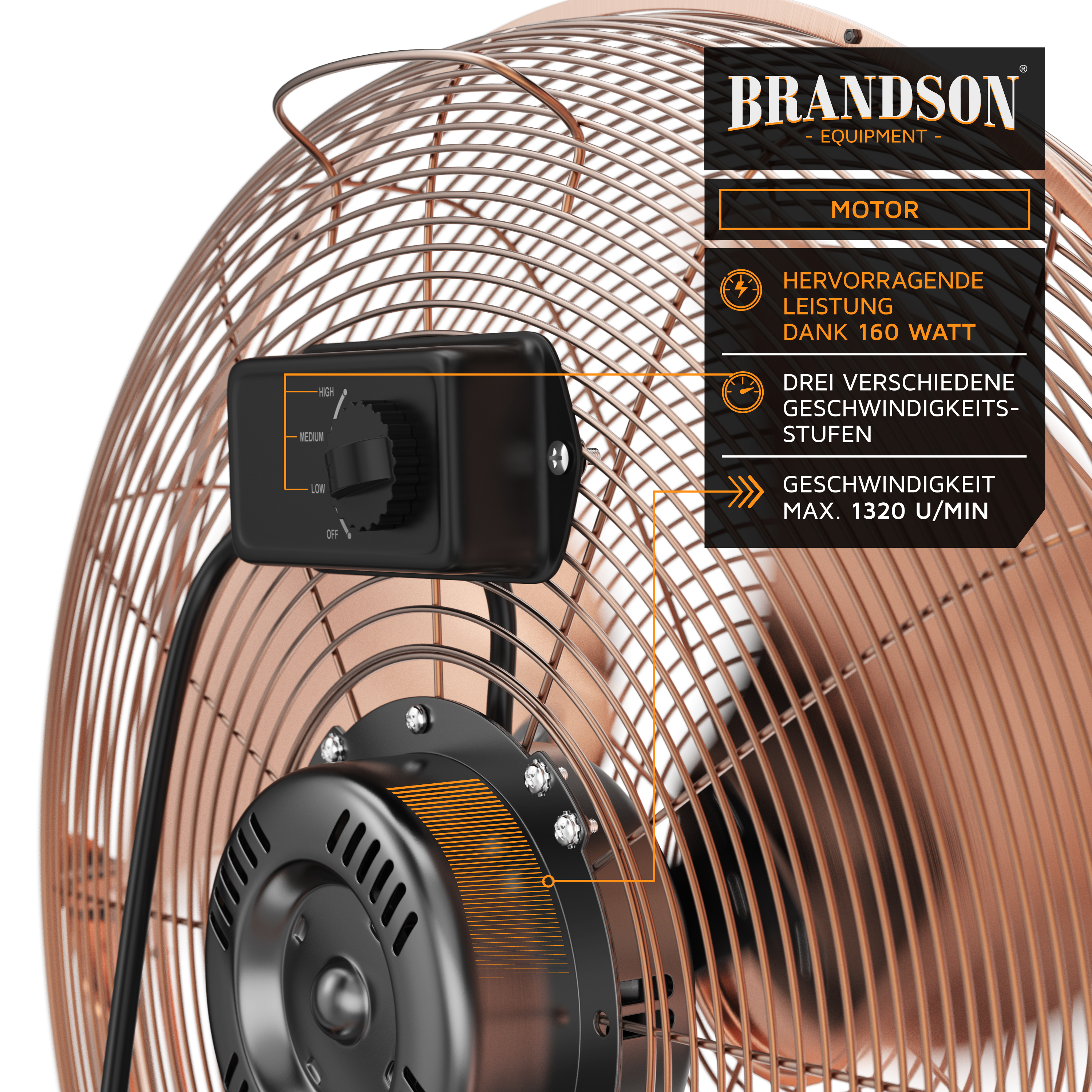 Brandson Standventilator mit kupferfarbenem Gitter, schwarzem Bedienfeld und Drehregler für drei Geschwindigkeitsstufen.