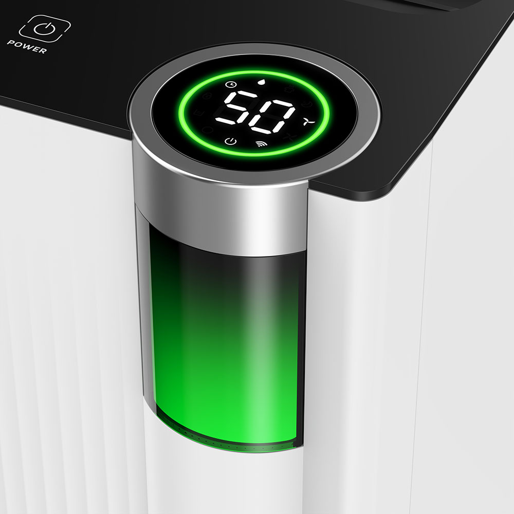 Mobiler Luftkühler von Brandson im eleganten weißen Design, mit Digitalanzeige und transparentem Wassertank mit grünem Farbverlauf.