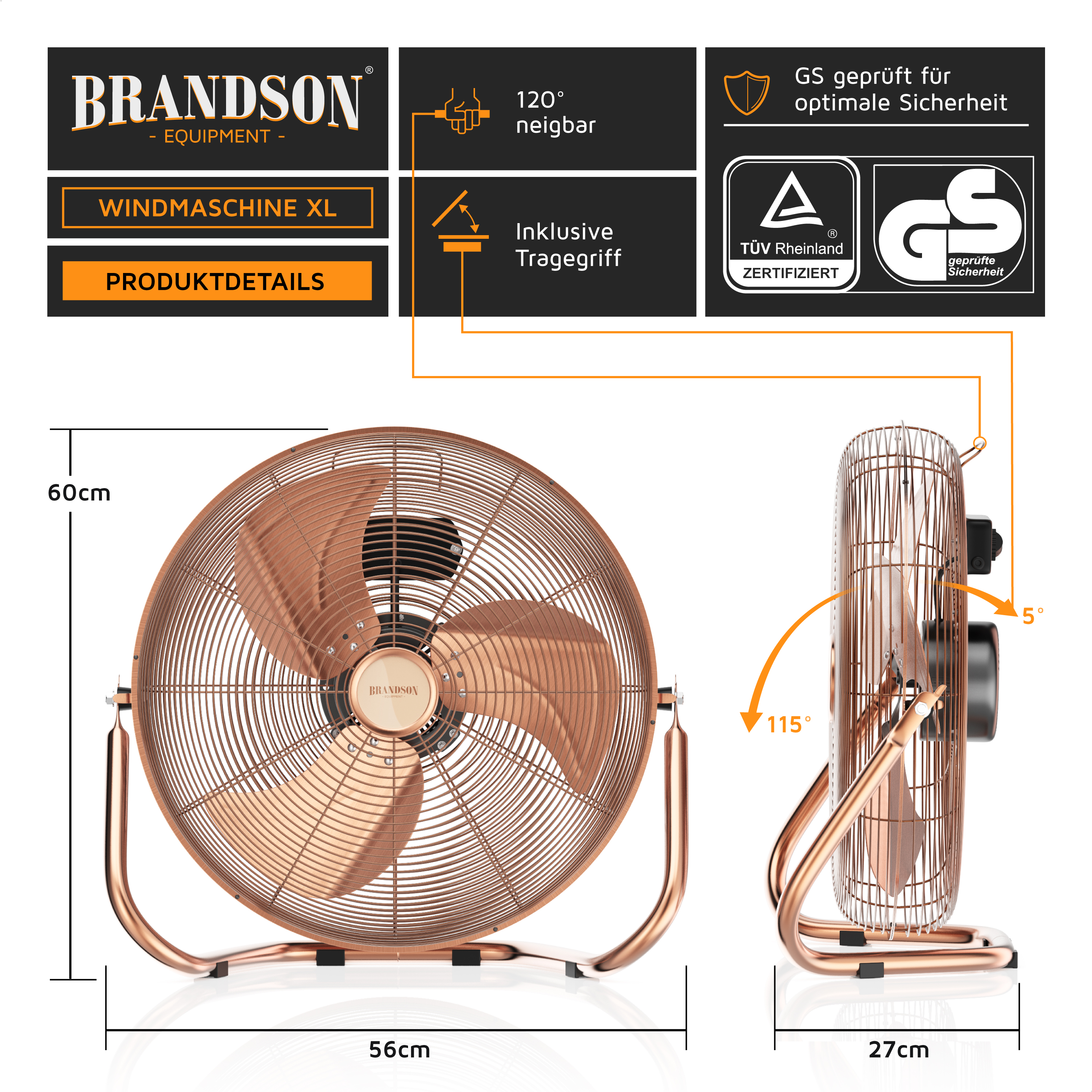 Brandson Windmaschine XL in Kupferfarbe mit Traggriff, 120° neigbar, stabiler Standfuß und sichtbarem Bedienfeld.