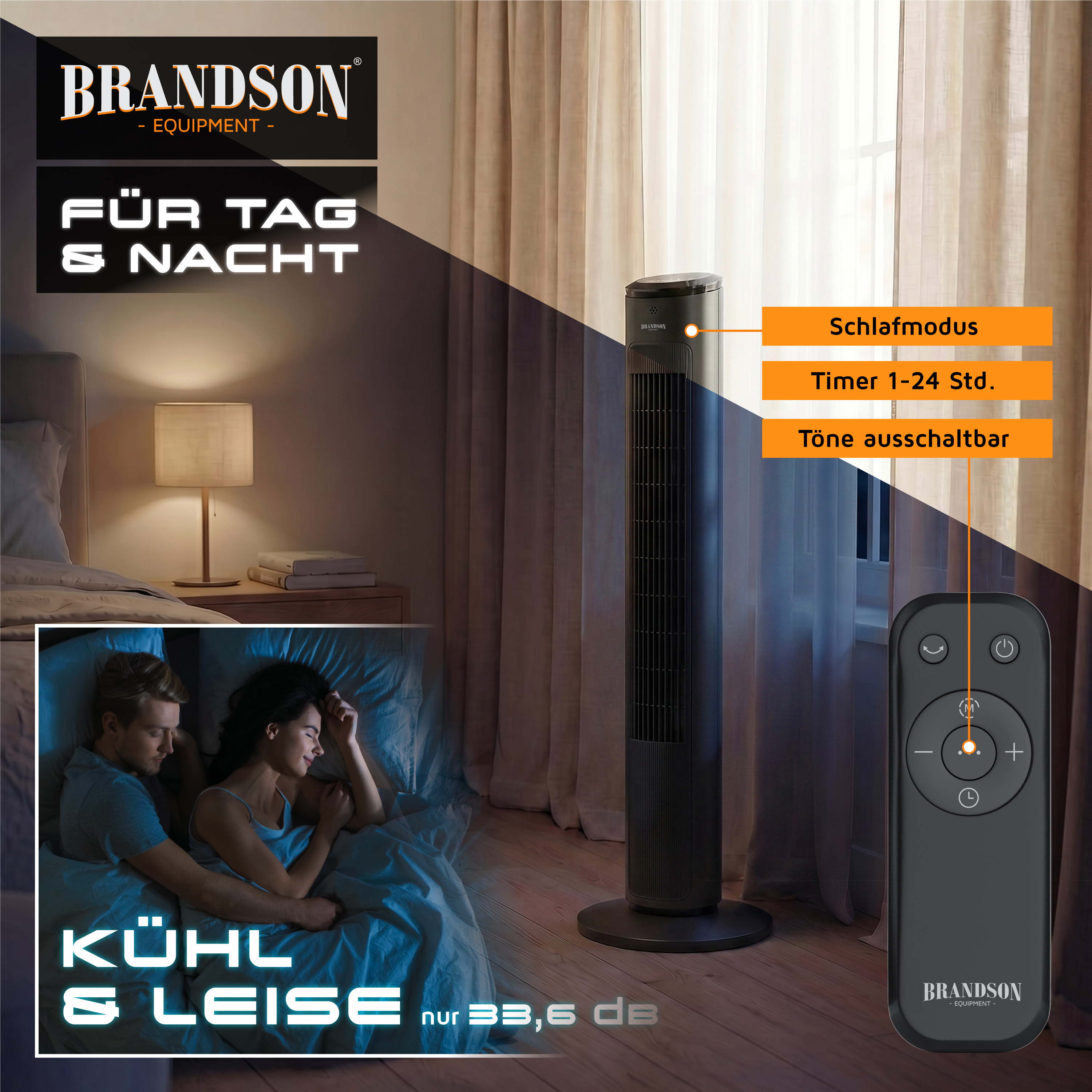 Turmventilator von Brandson im Schlafzimmer mit elegantem schwarzem Design, Fernbedienung und beleuchtetem Display.