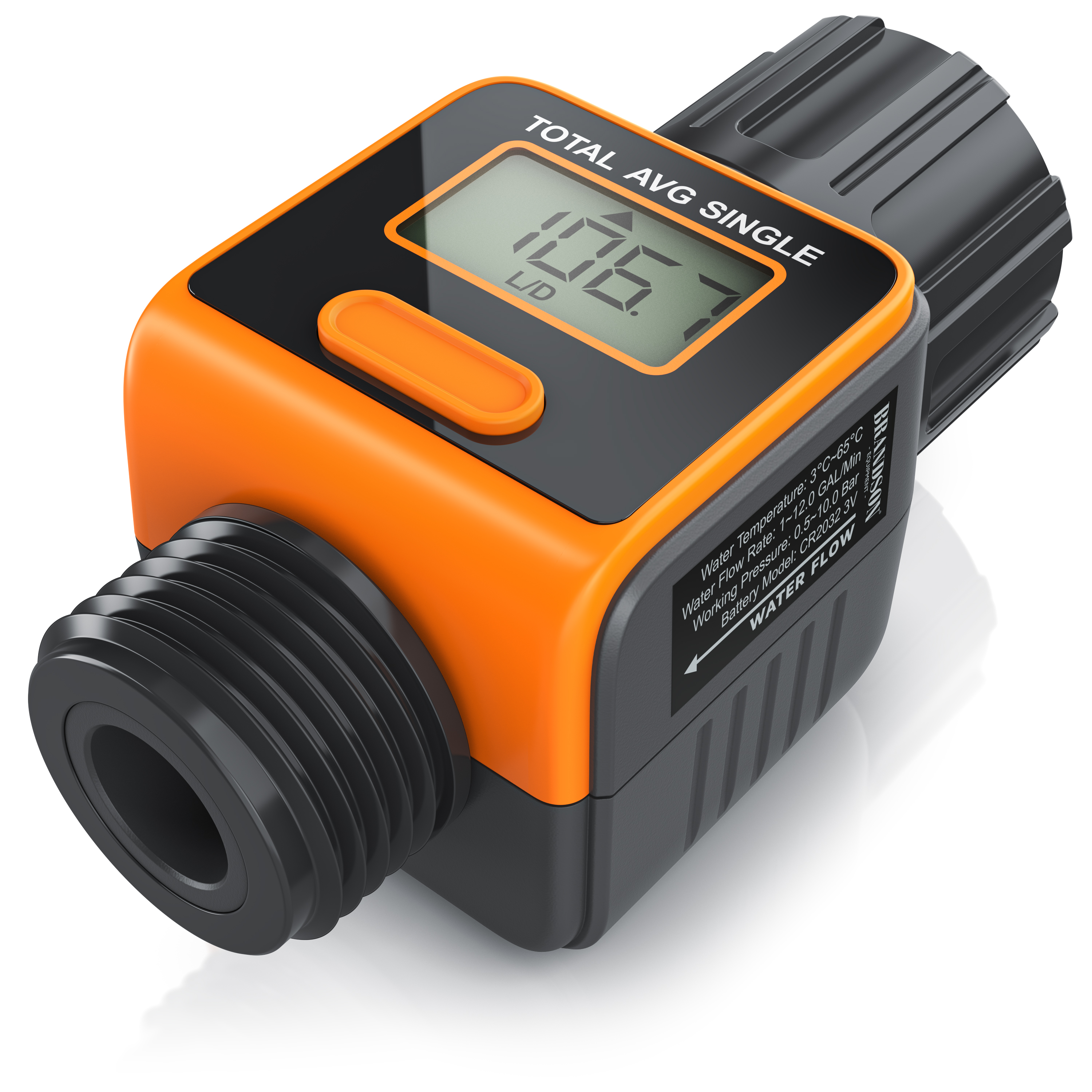 Wasserdurchflussmesser von Brandson mit Digitalanzeige, orange-schwarzem Gehäuse und einem Gewindeanschluss für eine einfache Installation.