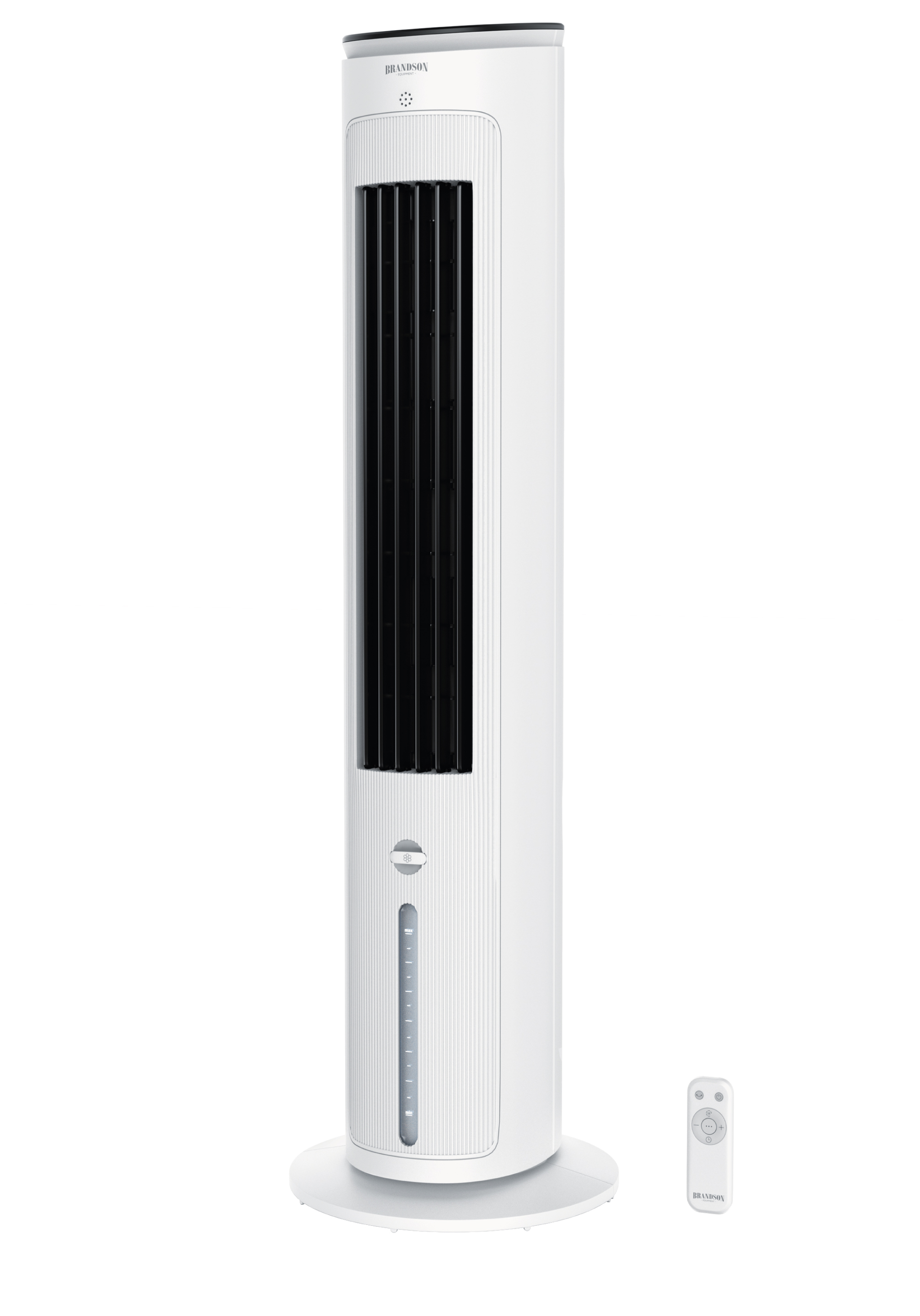 Brandson Turmventilator in Weiß mit elegantem Design, mit Bedienfeld und Fernbedienung für einfache Bedienung.