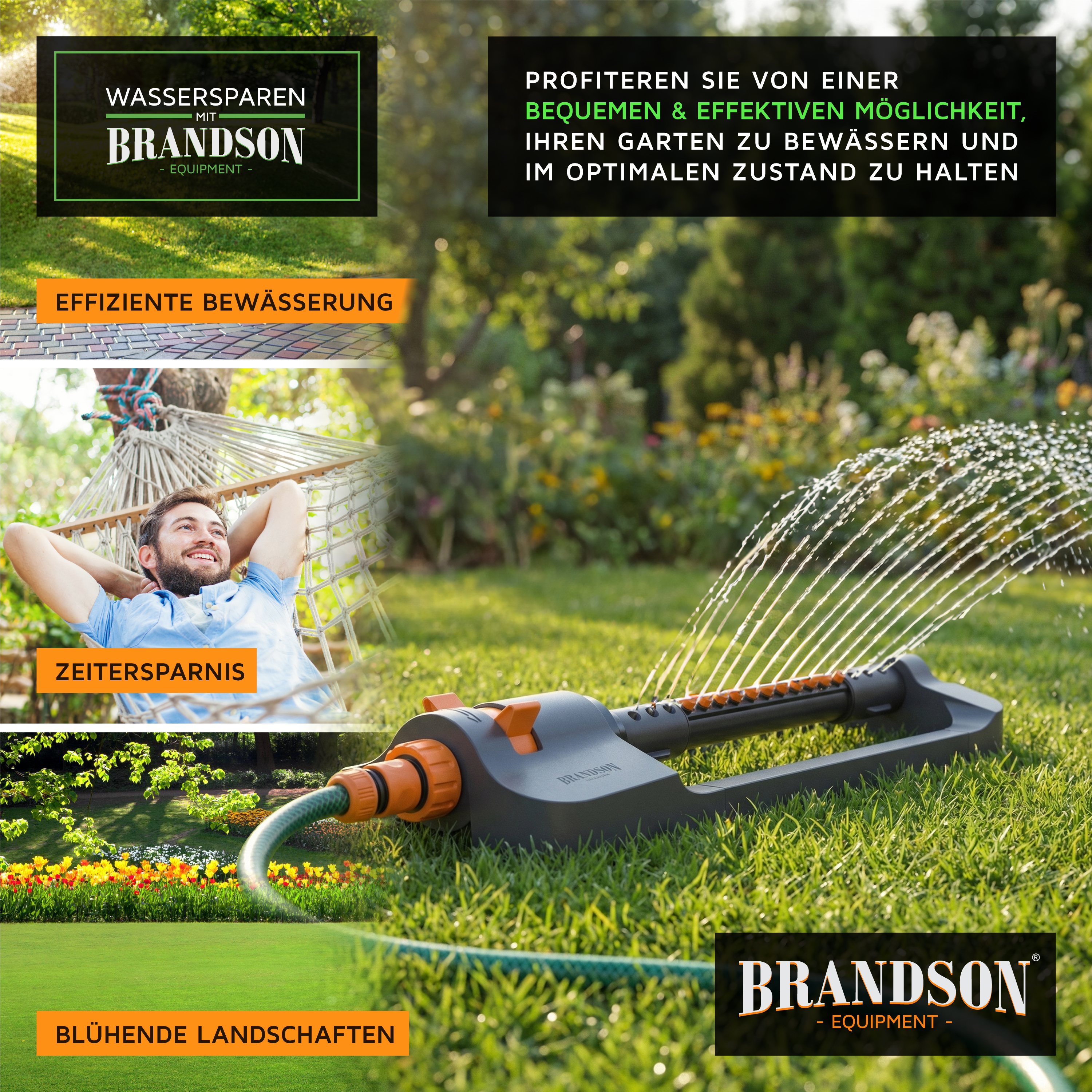 Brandson Bewässerungsgerät in Schwarz mit orangefarbenen Bedienelementen, auf grünem Rasen, sprühend Wasser für Gartenbewässerung.