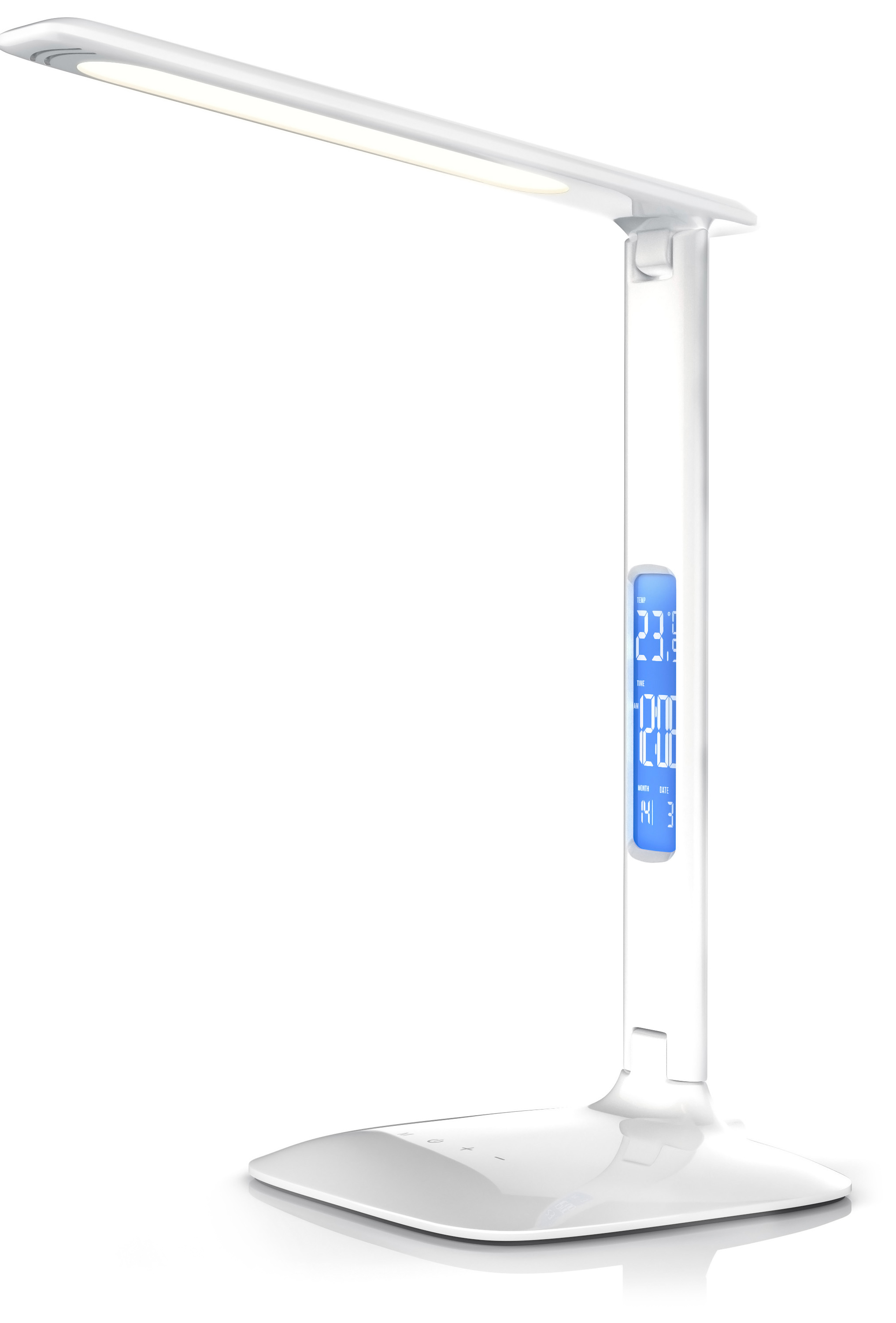 Brandson Tischlampe mit schlanker Bauform, weißem Gehäuse, digitalem Display und Touch-Bedienfeld.