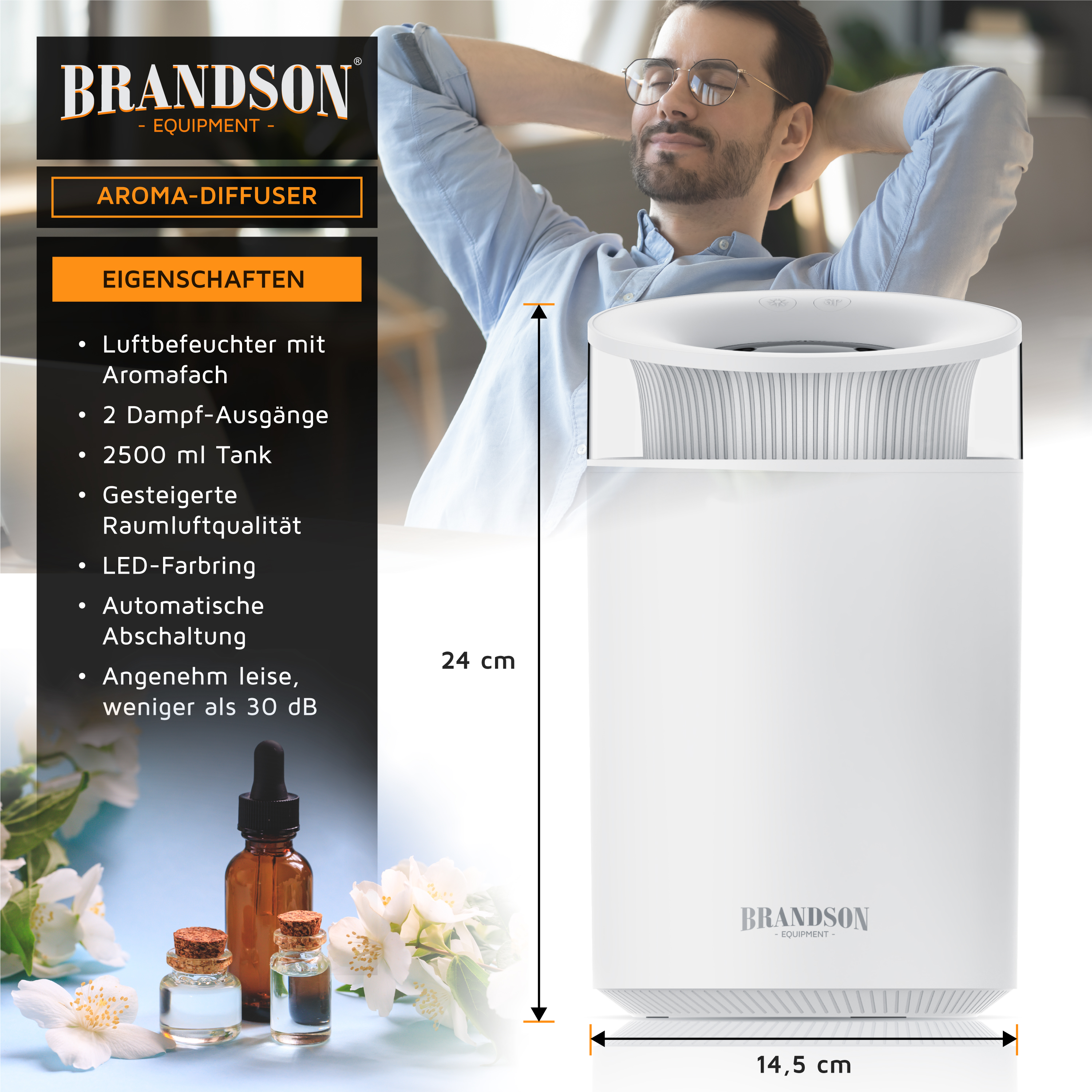 Brandson Aromadiffusor in Weiß mit zwei Dampfauslässen, LED-Ring und elegantem Design, platziert in der Nähe von Flaschen mit ätherischen Ölen.