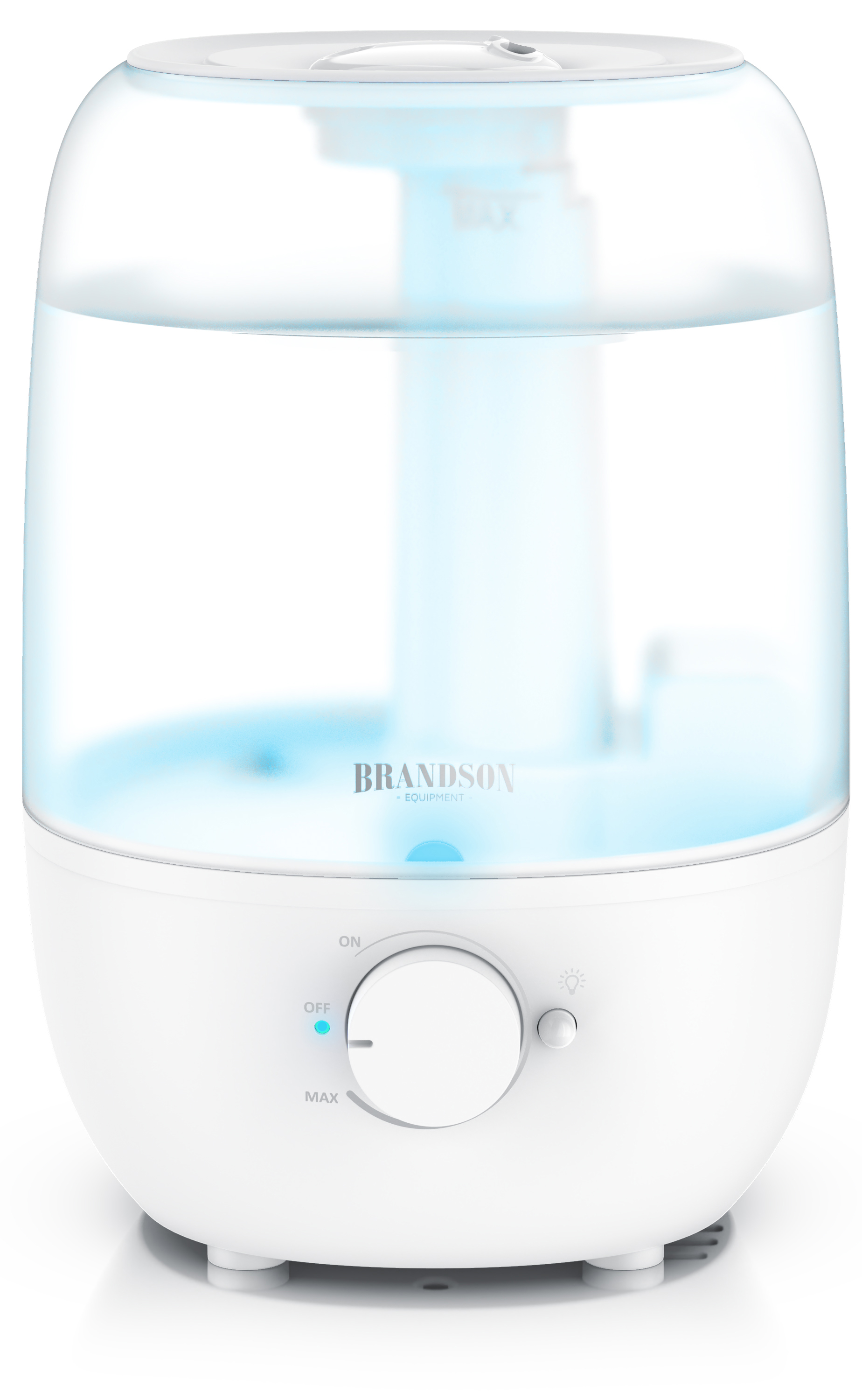 Luftbefeuchter von Brandson mit transparentem Wassertank, weißem Sockel, Drehregler und blauer Beleuchtung für einfache Bedienung.