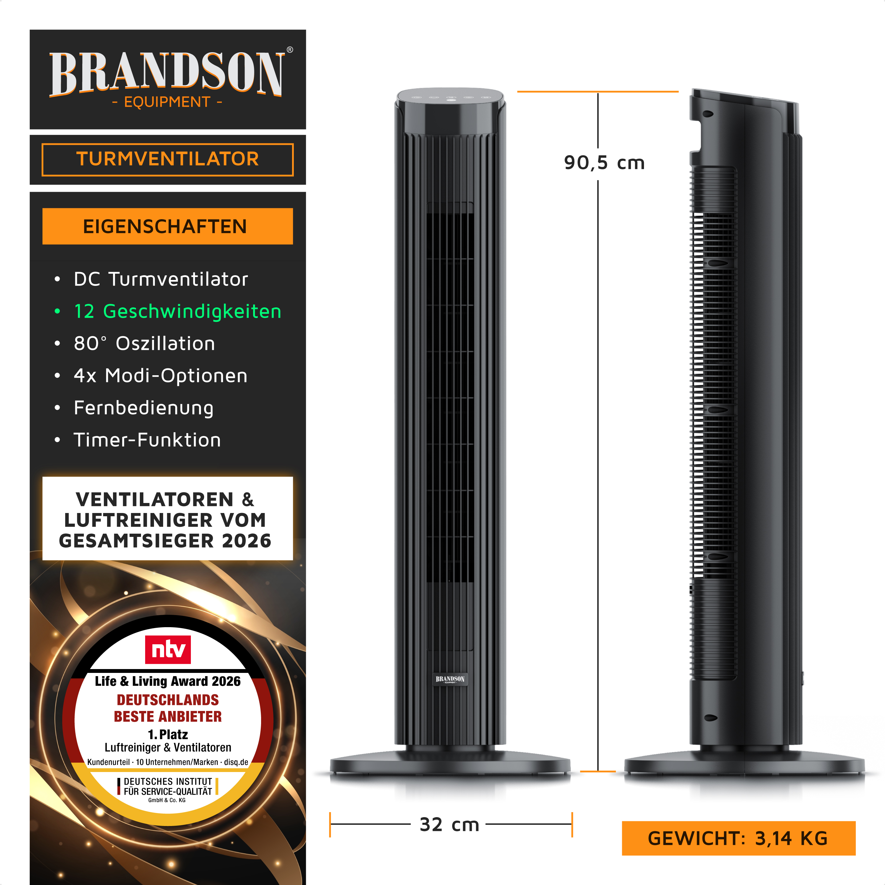 Brandson Turmventilator in schwarzer Farbe mit schlanker Bauform, Bedienfeld oben, Fernbedienung und stabiler Standbasis.