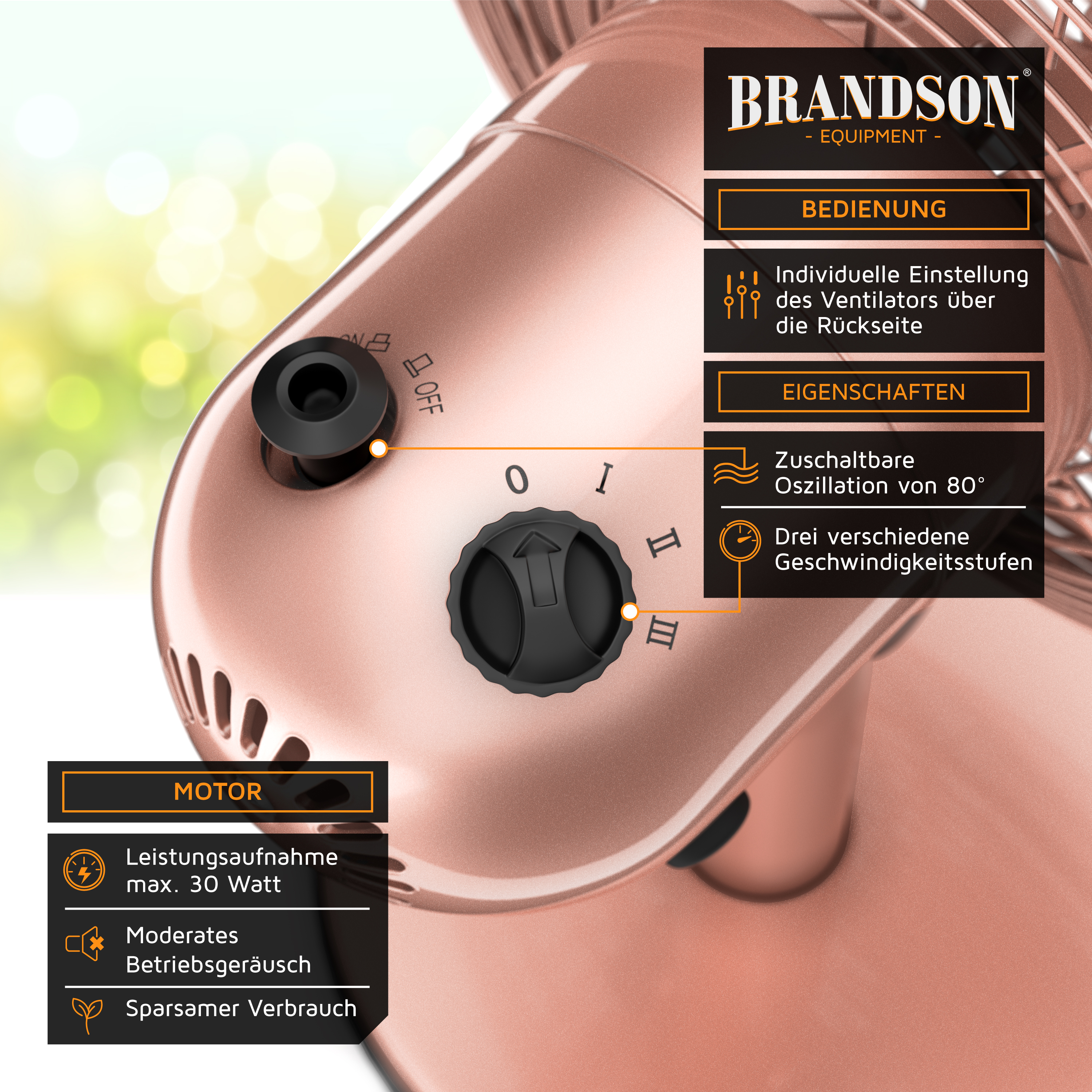 Standventilator von Brandson mit roségoldener Oberfläche, mit Drehknopf für Geschwindigkeitseinstellungen und Oszillation, konzipiert für den Heimgebrauch.