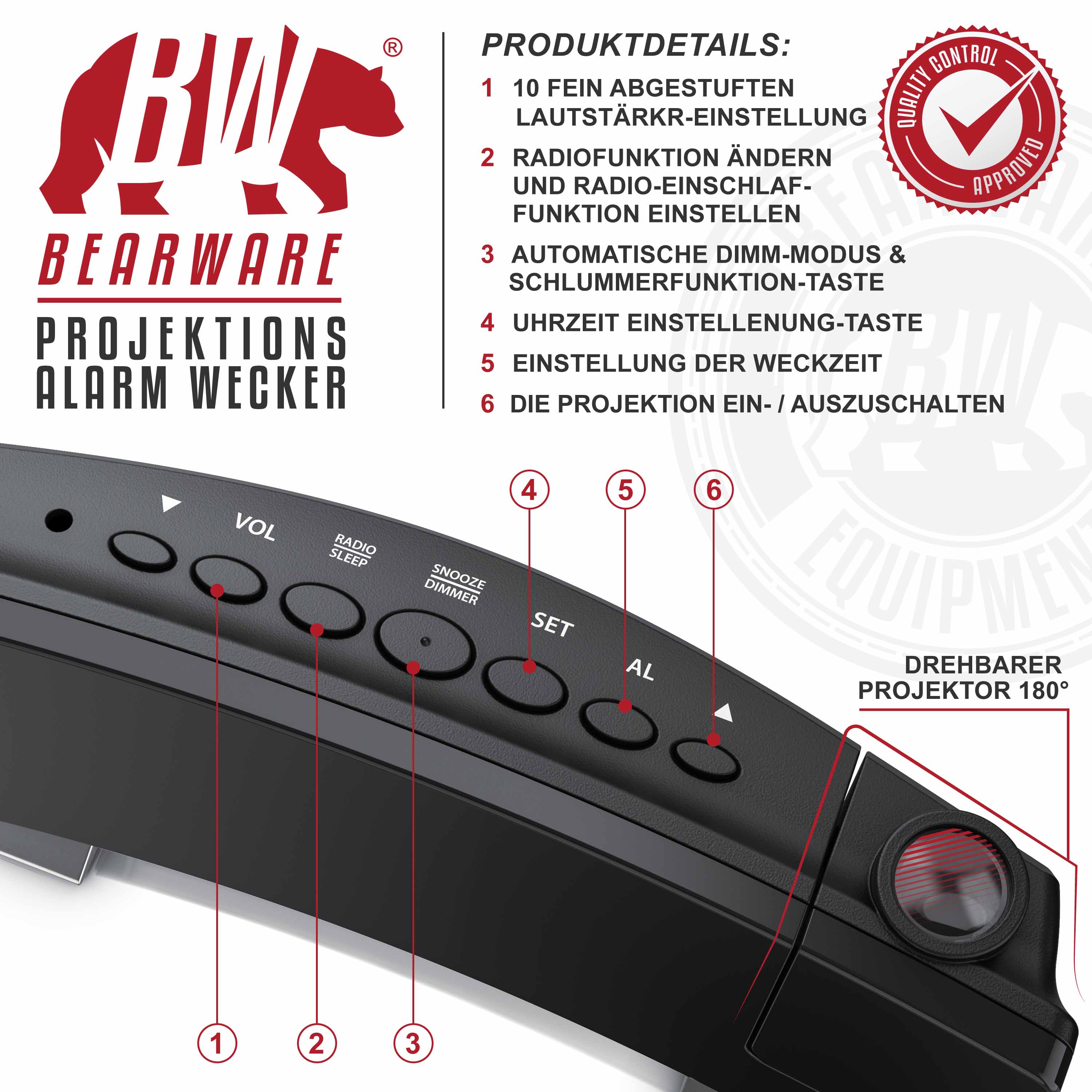 Brandson Projektionswecker mit drehbarem Projektor, schwarzen Tasten, Lautstärkeregler und Sleep-Funktion.