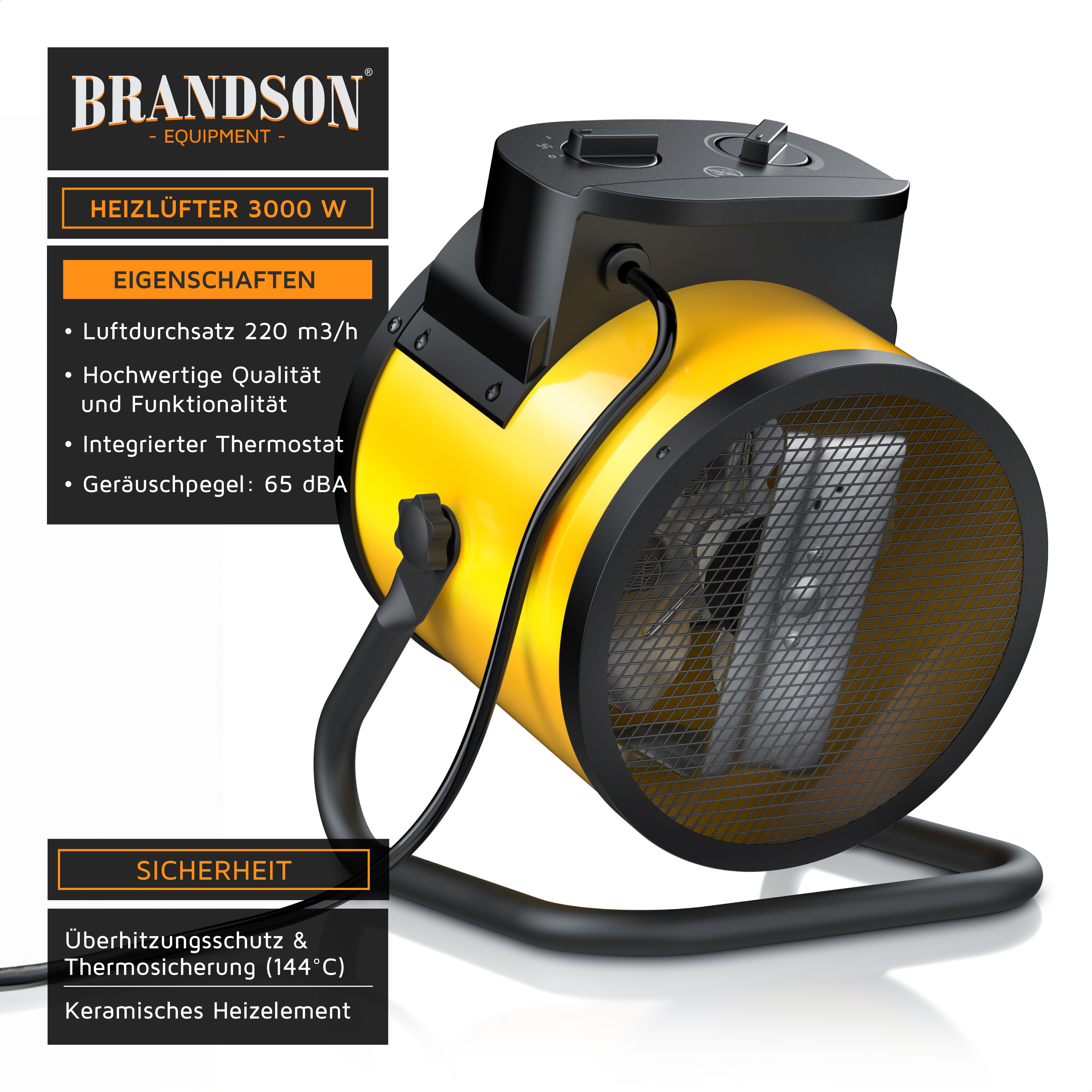 Brandson Heizlüfter in gelber Farbe mit integriertem Thermostat, Bedienfeld und robustem Standfuß für sicheren Einsatz.